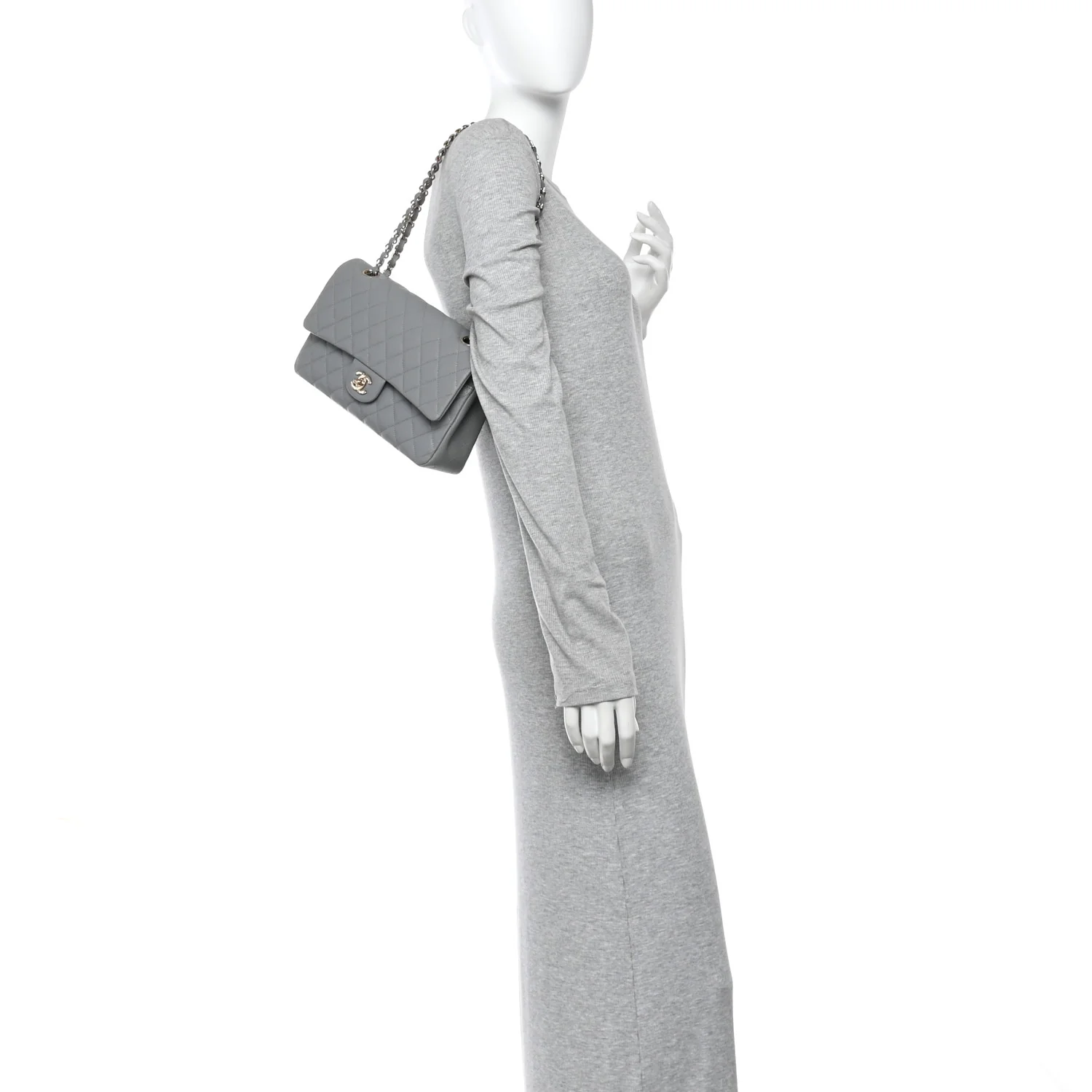 Caviar Quilted Medium Double Flap Grey