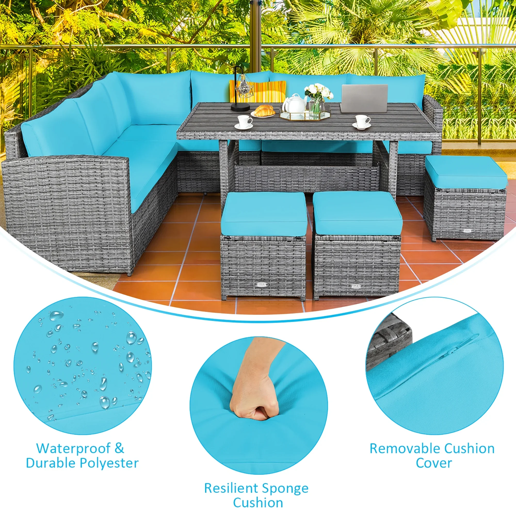 Costway 7 PCS Patio Rattan Dining Set Sectional Sofa Couch Ottoman Garden Red