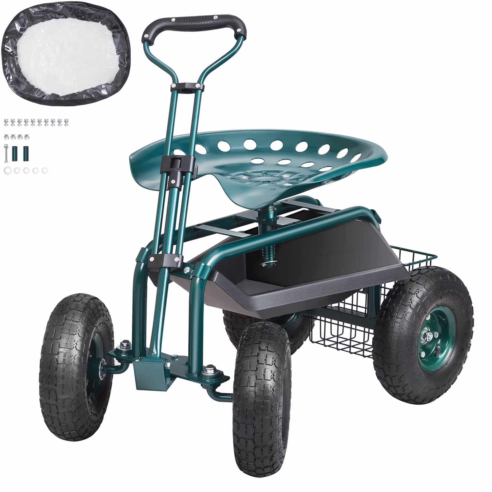 KFFKFF Garden Cart Rolling Workseat with Wheels, Gardening Stool for Planting, 360 Degree Swivel Seat, Wagon Scooter with Steering Handle & Utility Tool Tray, Use for Patio, Yard, and Outdoors
