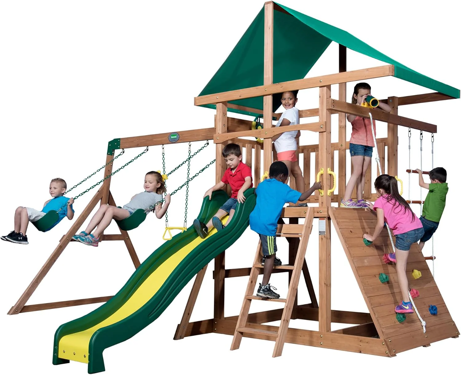 Portique de jeux en bois de cèdre Backyard Discovery Mount McKinley avec toboggan ondulé, plateforme de jeux, double mur d'escalade, échelle de corde, balançoire en toile d'araignée, balançoires à ceinture, télescope jouet, volant, bac à sable, aire