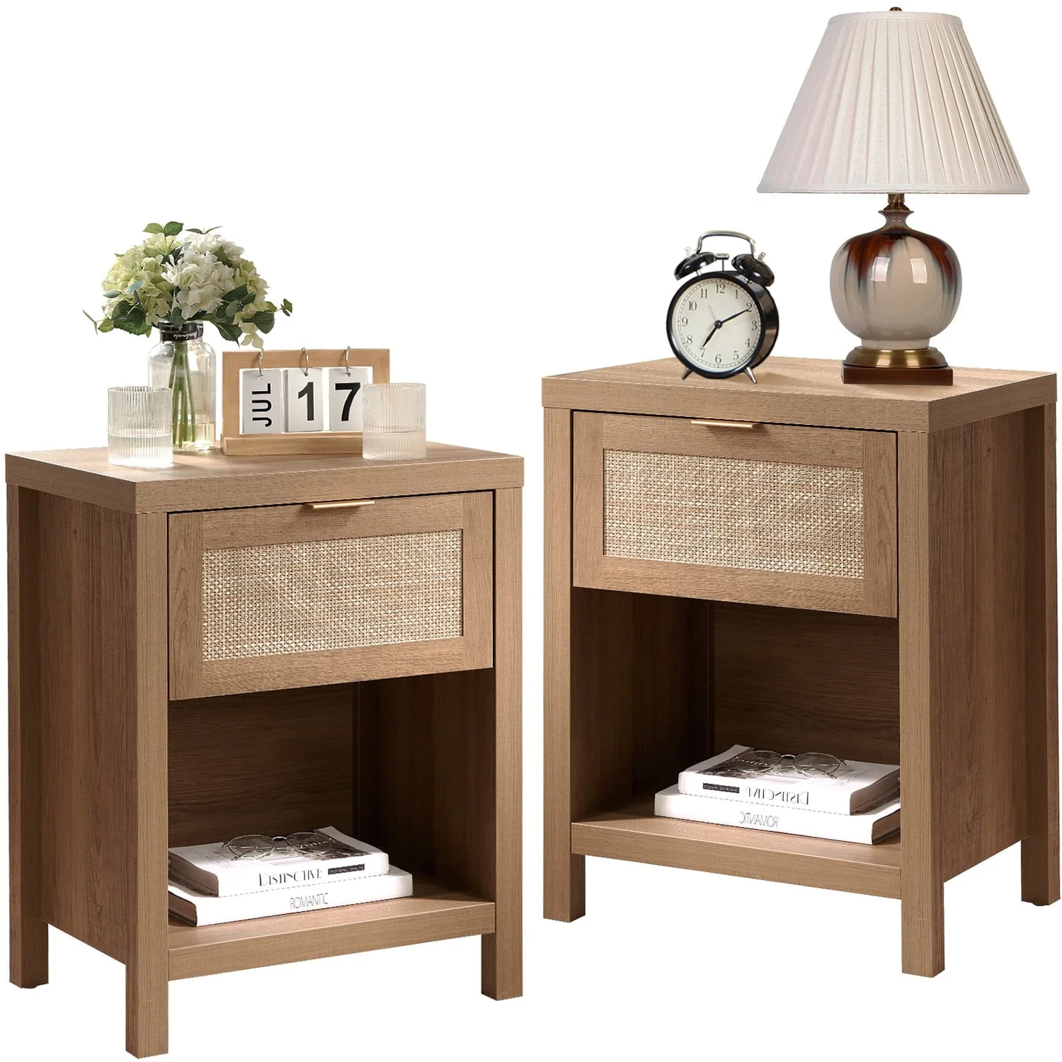 Rattan Nightstand Set of 2,Farmhouse Bedside Tables with Drawer and Storage Shelf,Natural Boho End Table Side Table for Bedroom,Living Room(1PCS/Black)