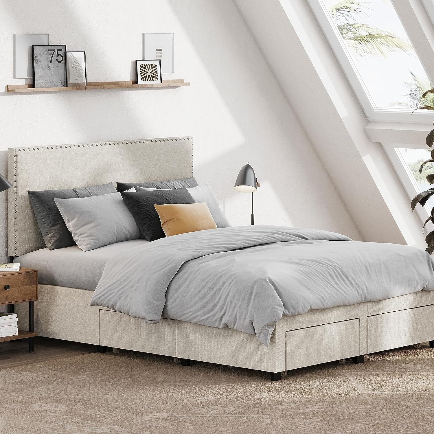 DG Casa Lucas Nailhead Trim Upholstered Platform Bed Frame with Storage, Queen Size, Beige
