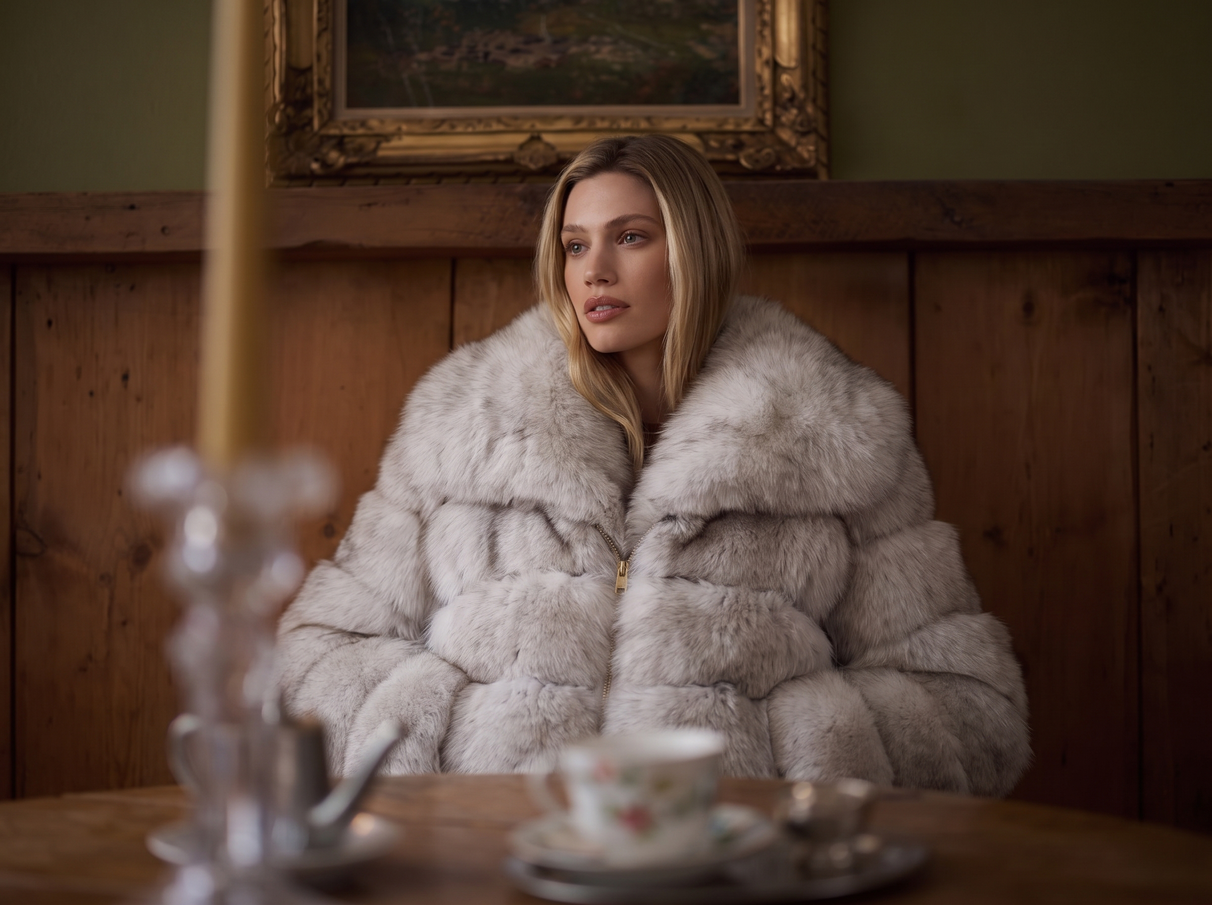 Oversized faux fur coat styled with a fashionable women’s winter outfit