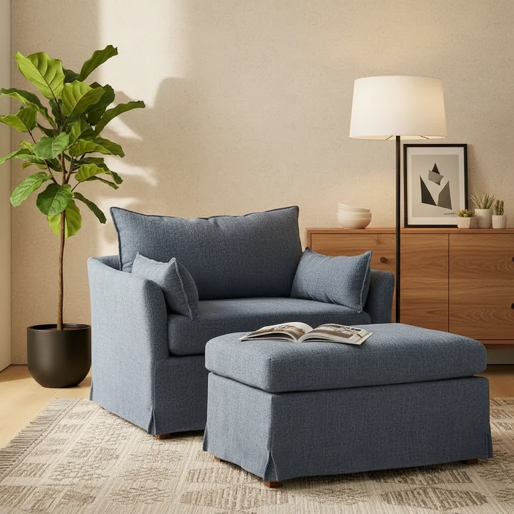 Sophie Contemporary Oversized Slipcovered Armchair and Ottoman with Lockable Rear Wheels