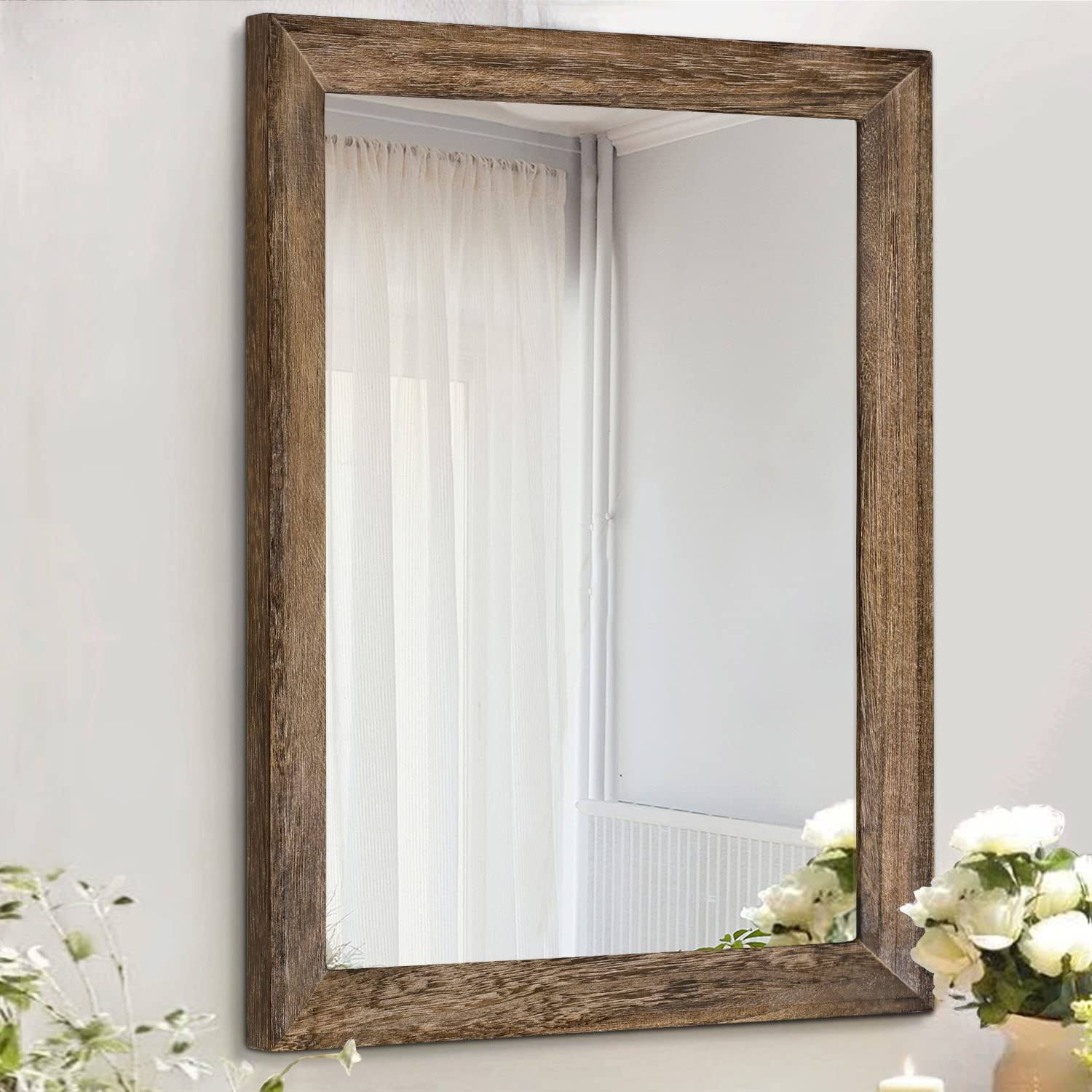 AAZZKANG Rustic Wood Mirror Rectangle Decorative Wall Mirror with Frame Bedroom Living Room Bathroom Hanging Mirror Brown