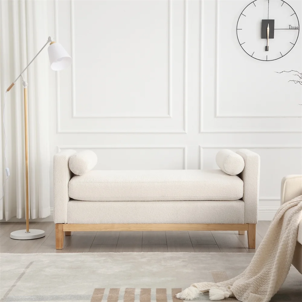 53 5"W Elegant Upholstered Bench with Wood Legs Round Pillows,Comfy Boucle Fabric Footrest with Arms, Entryway Bench for End of Bed, Bedroom and Living Room, Ivory(Ivory) Image 2