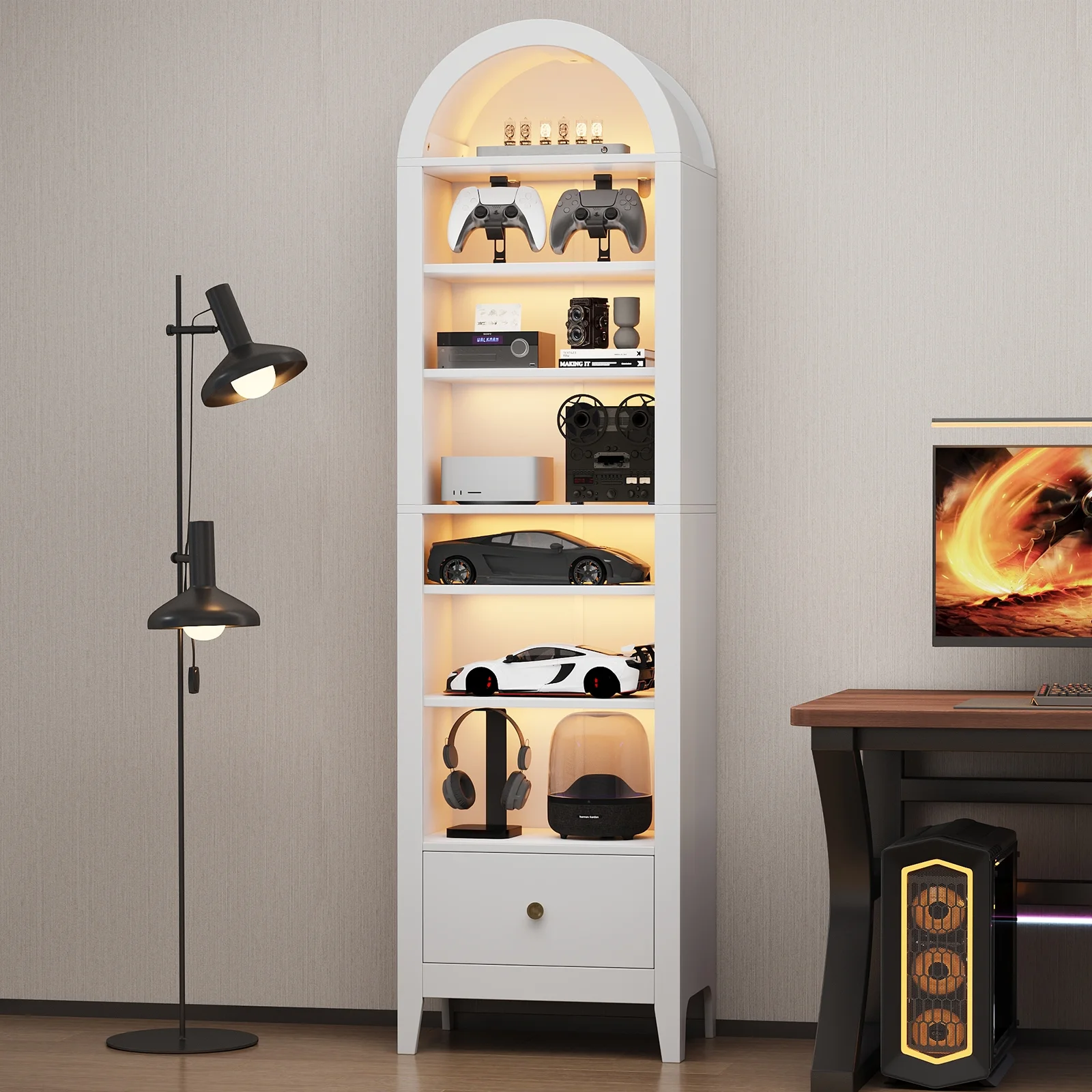 Arched Cabinet, 71" Tall Kitchen Pantry Cabinet, 8 Tiers Arched storage Cabinet with Doors and Shelves, Bookcase for Entryway, Hallway, Living Room, White(White) - Image 9