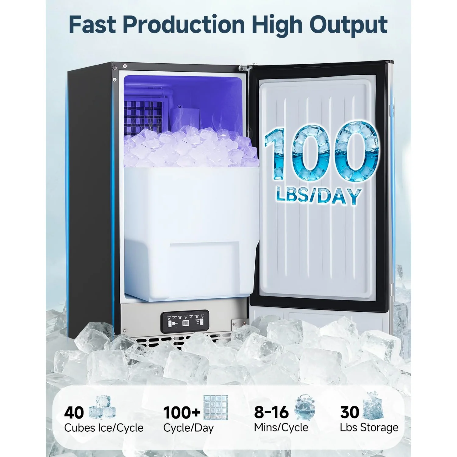 AECOJOY 15''W Commercial Ice Maker 100 lbs/24H, Stainless Steel Under Counter Ice Machine with 30 lbs Storage Bin
