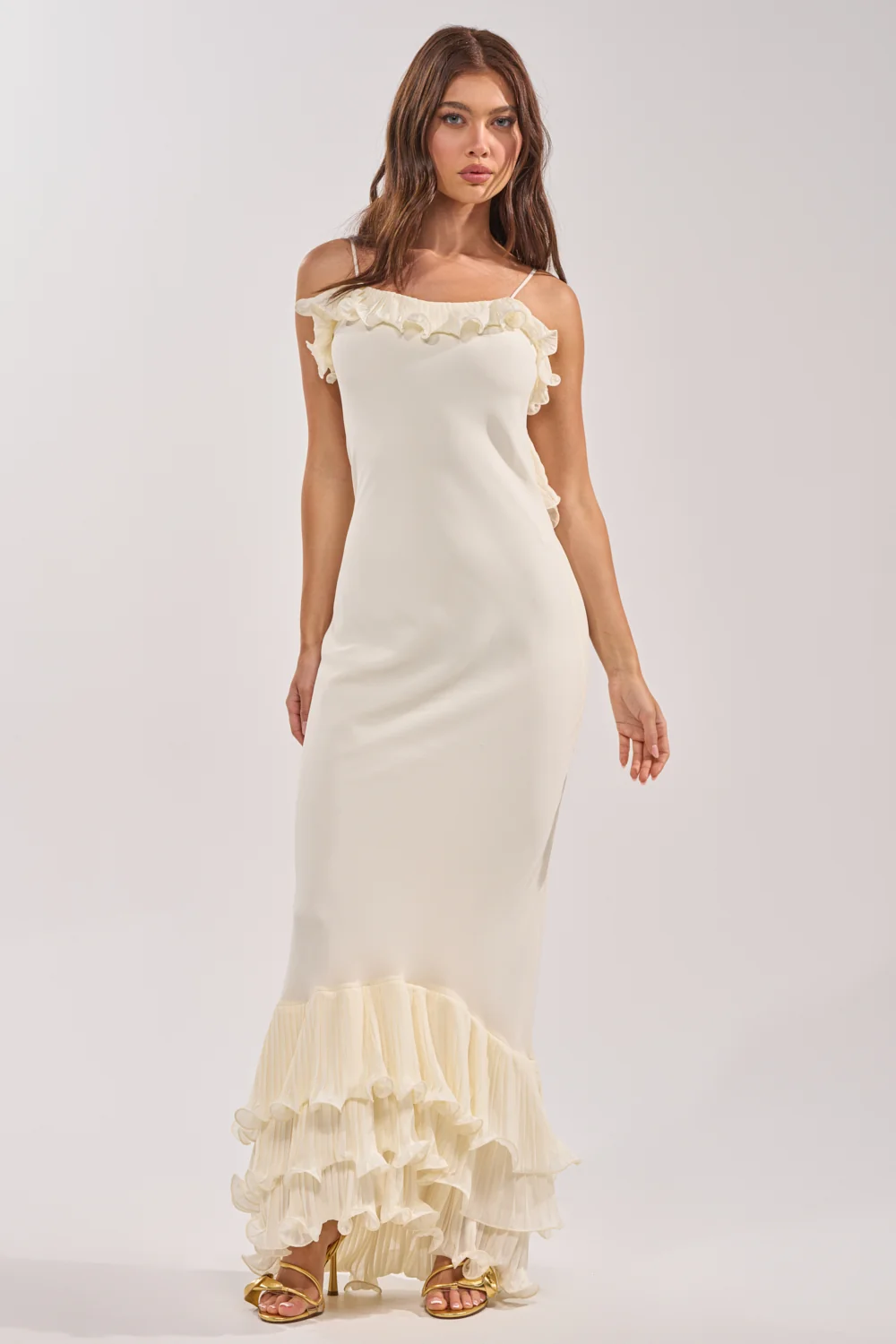 LOVE ME OR LOSE ME RUFFLE MAXI DRESS IN IVORY - Akira Store