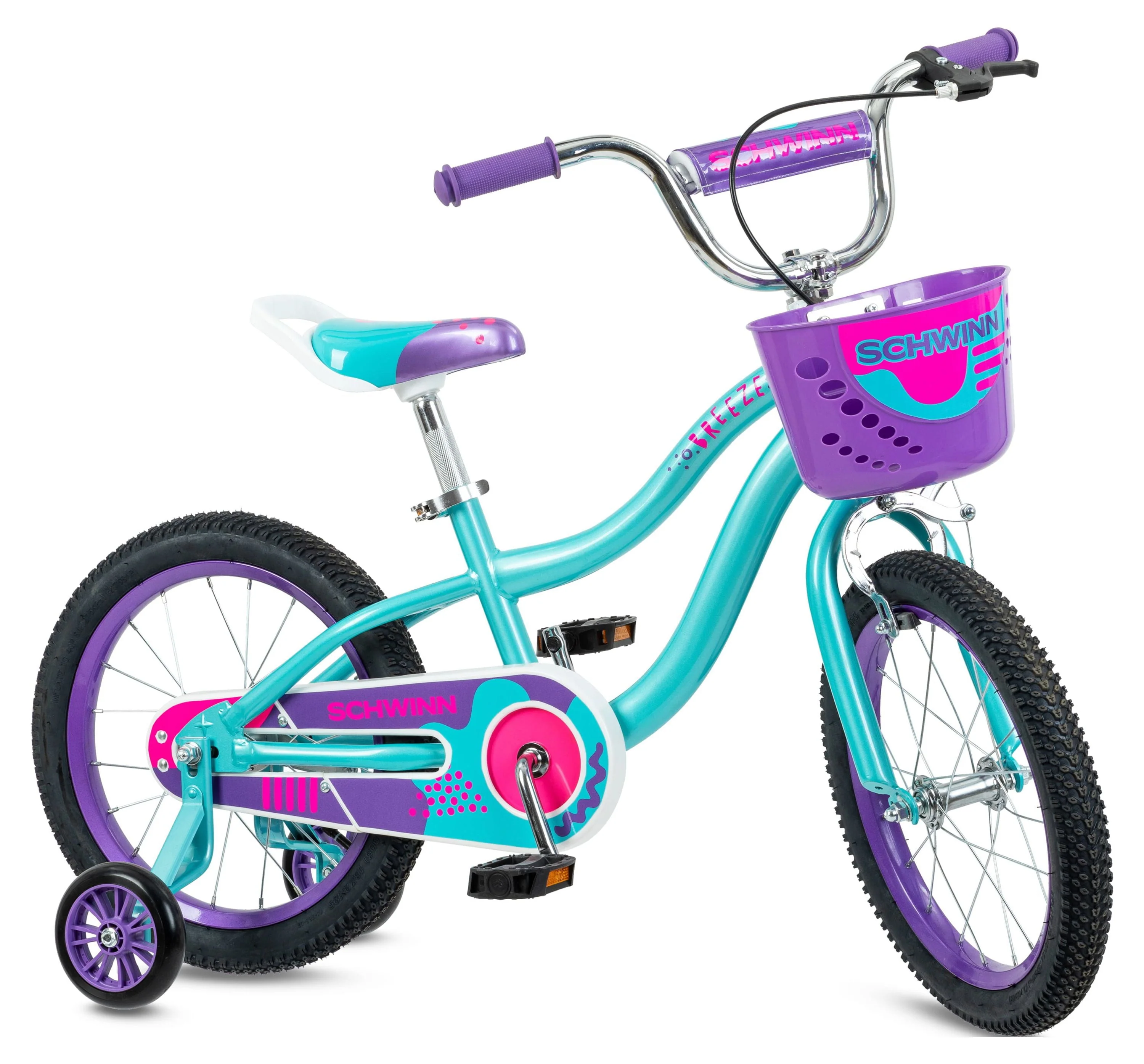 Schwinn Breeze 16 in Girls Kids Bike with Basket and Training Wheels, Ages 3 - 7, Teal and Purple