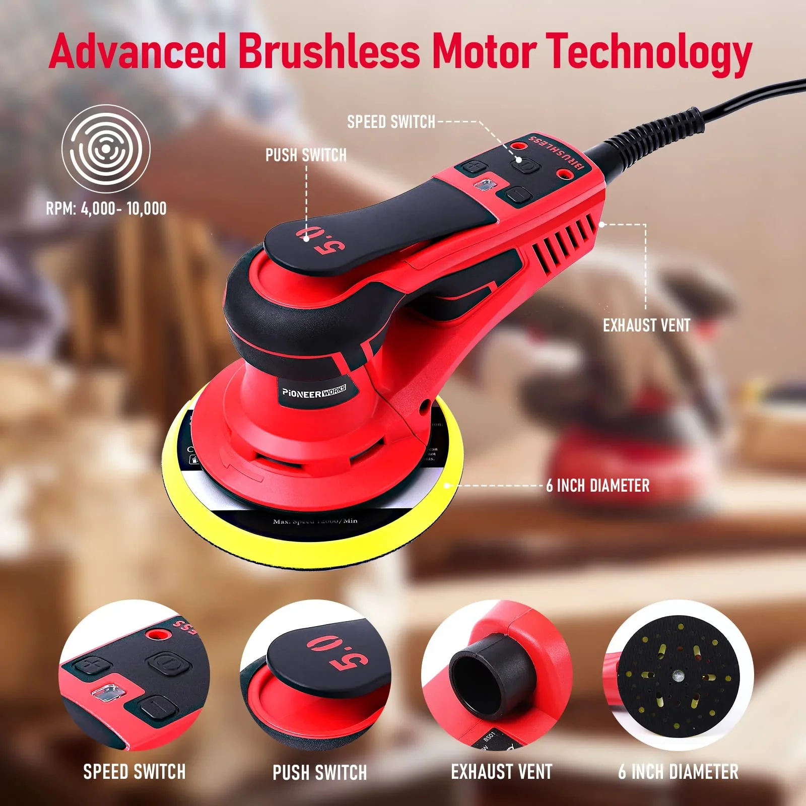 Huisuilinss Electric Random Orbital Sander,6 Palm Sander With Powerful 350W & Low Vibration,10000 RPM Variable Speed For Woodworking Polishing Carpentry