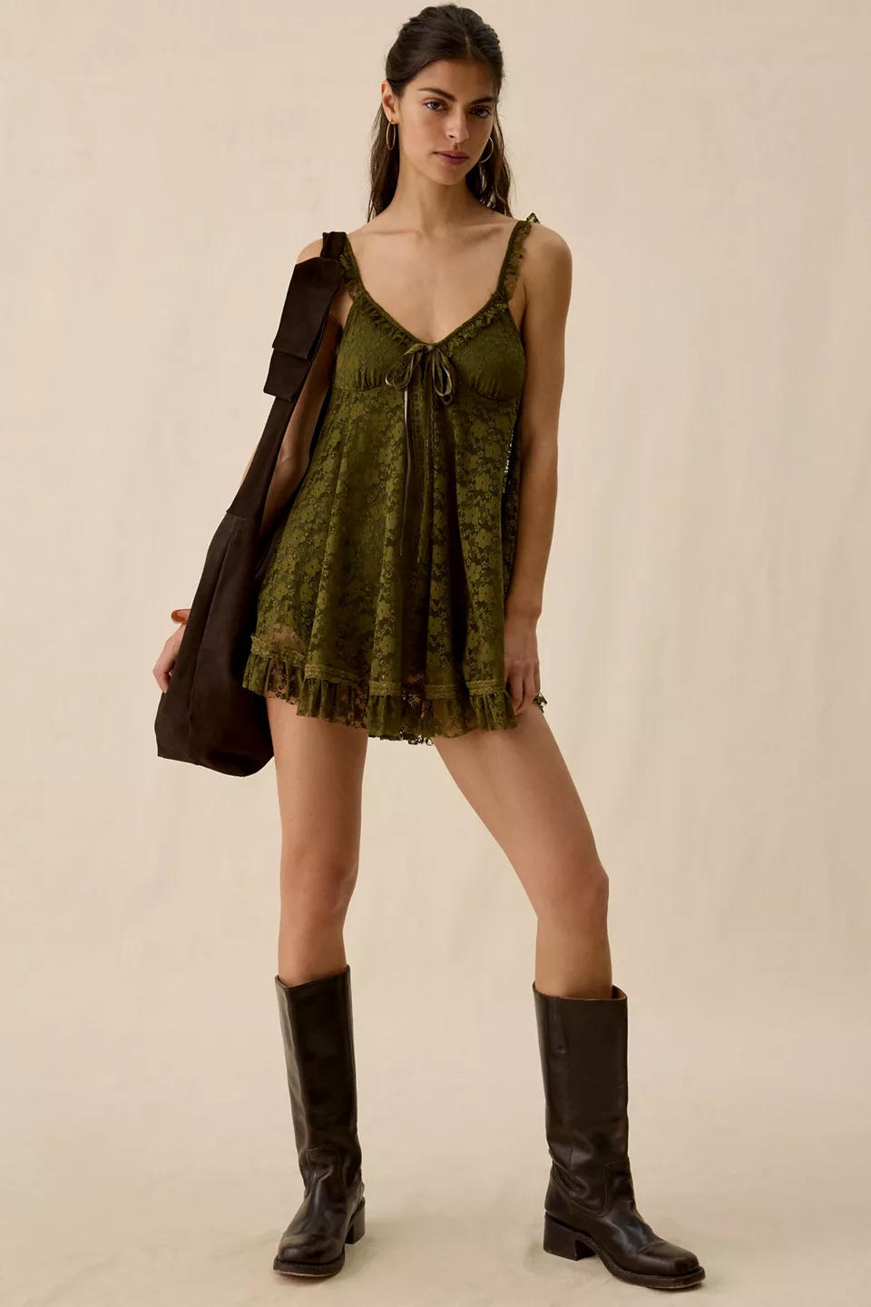 UO Primrose Lace Babydoll Romper - Olive