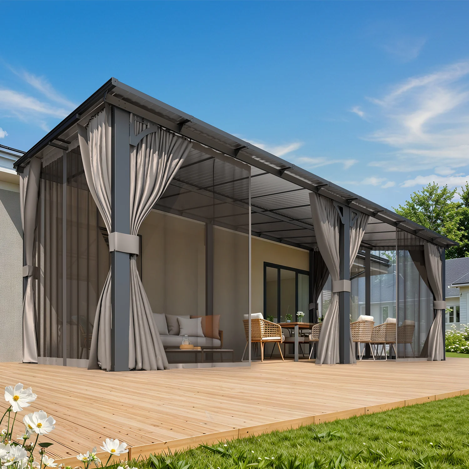AECOJOY 20'x10' Wall Gazebo with Curtains and Mosquito Netting, Gray