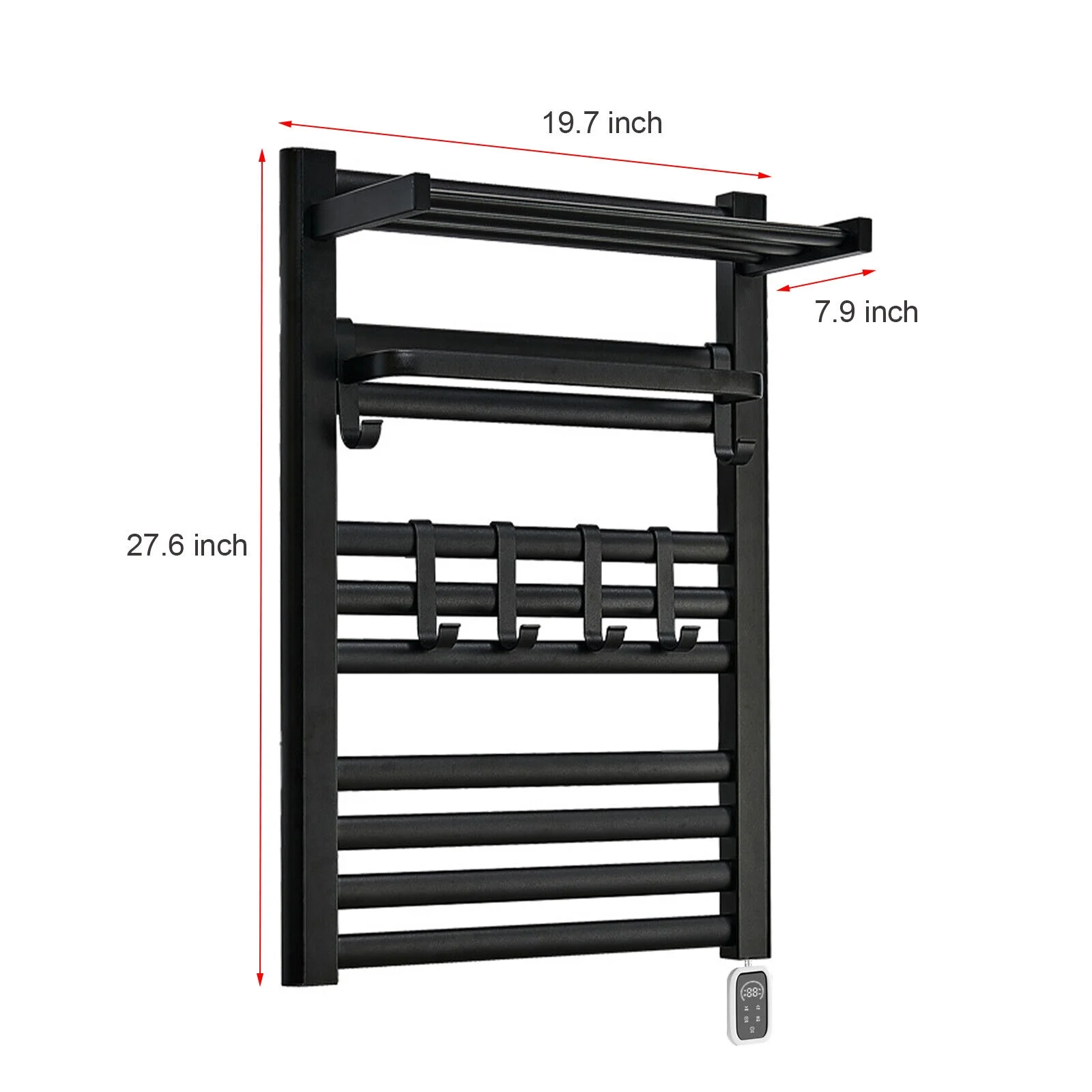 Heated Towel Rack Aluminum Heater Bathroom Warmer Shelf, Remote Control, 10 Rails+ 6 Hooks