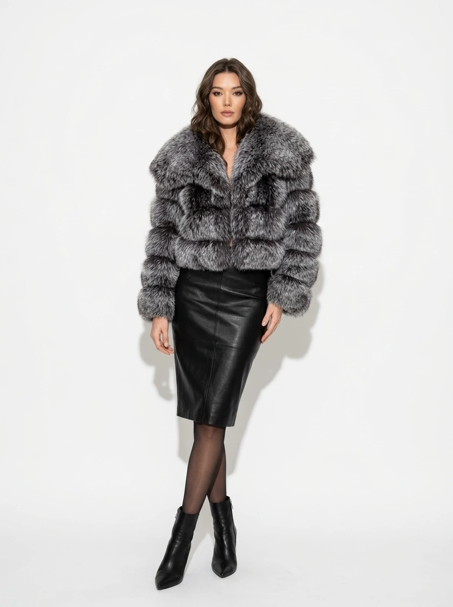 Front view of a woman wearing a charcoal gray cropped faux fur jacket with a wide lapel collar