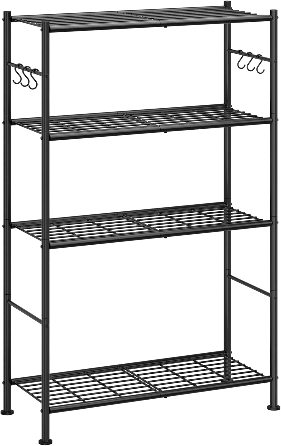 Sakugi Storage Shelves - 4-Tier Spacious Shelf Organizer with Hooks & Leveling Feet, Easy to Assemble, Rust-Resistant Garage Shelving for Kitchen, Pantry, Bedroom, 33.2