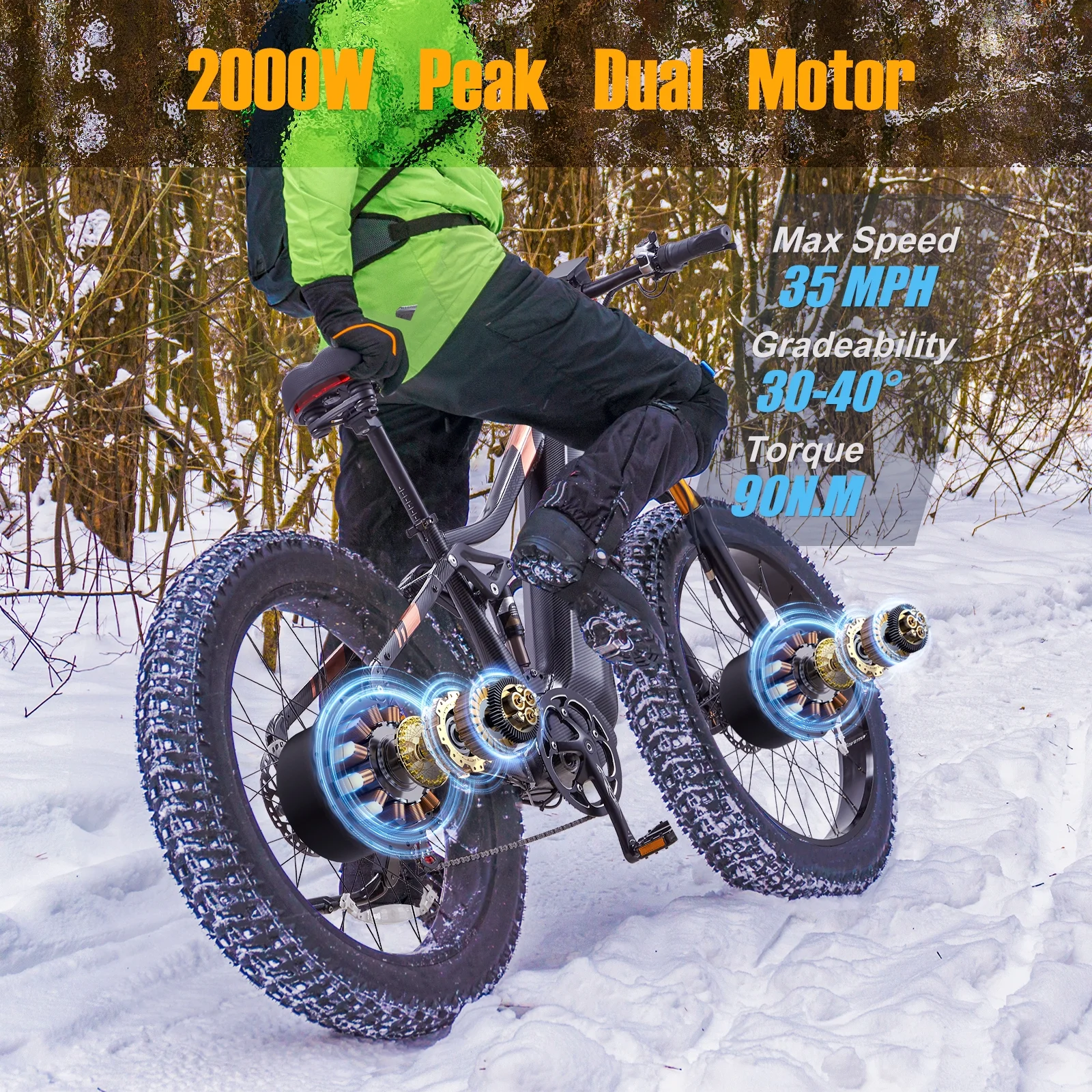 Dual Motors AWD 2000W Electric Bike for Adult 26'', UL2849 48V 60AH Removable Battery E-mountain bike 4'' Fat Tire up to 35MPH200Miles Long Range Off Road Ebike Beach Dual HydraulicBrakes E-Bicycle(AWD HC26 Dual battery(30Ah*2)) - Image 2