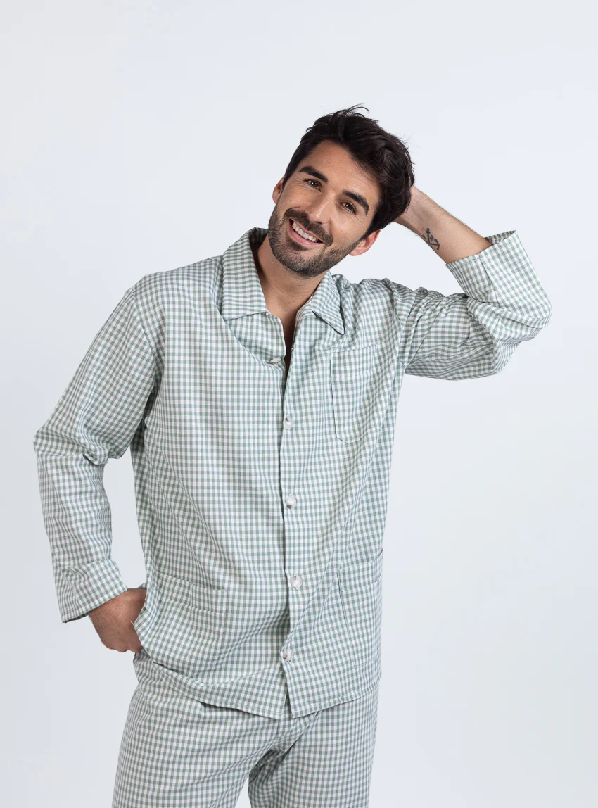 Pyjama homme en coton carreaux vert sauge
