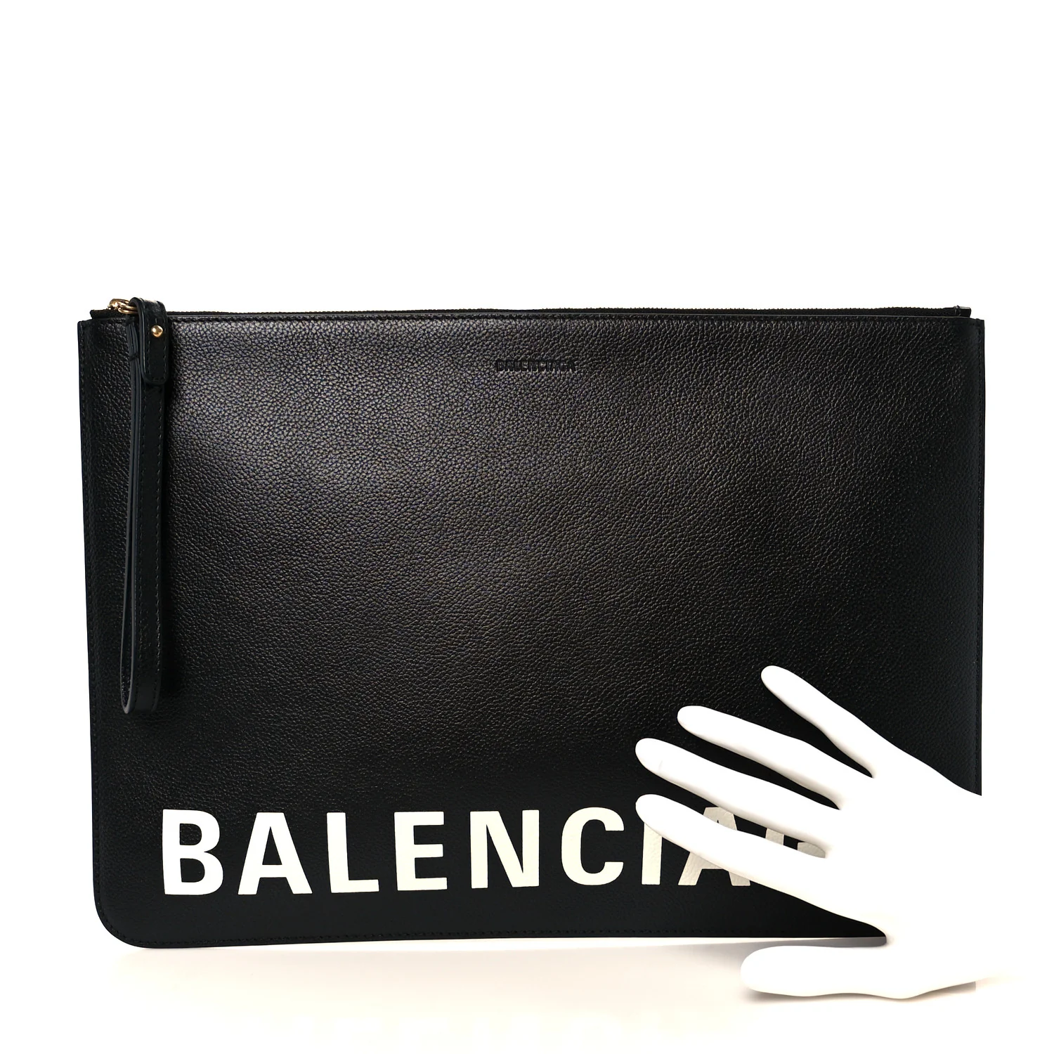 Calfskin Logo Large Cash Pouch With Handle Black White