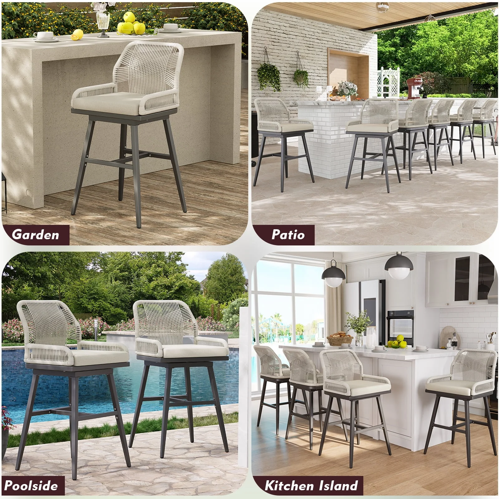 MEISSALIVVE Set of 2 Rattan Swivel Bar Stools, 26 Counter Height with Woven Rope Back, Cushioned Patio Bar Chairs for Kitchen, Garden, Beige