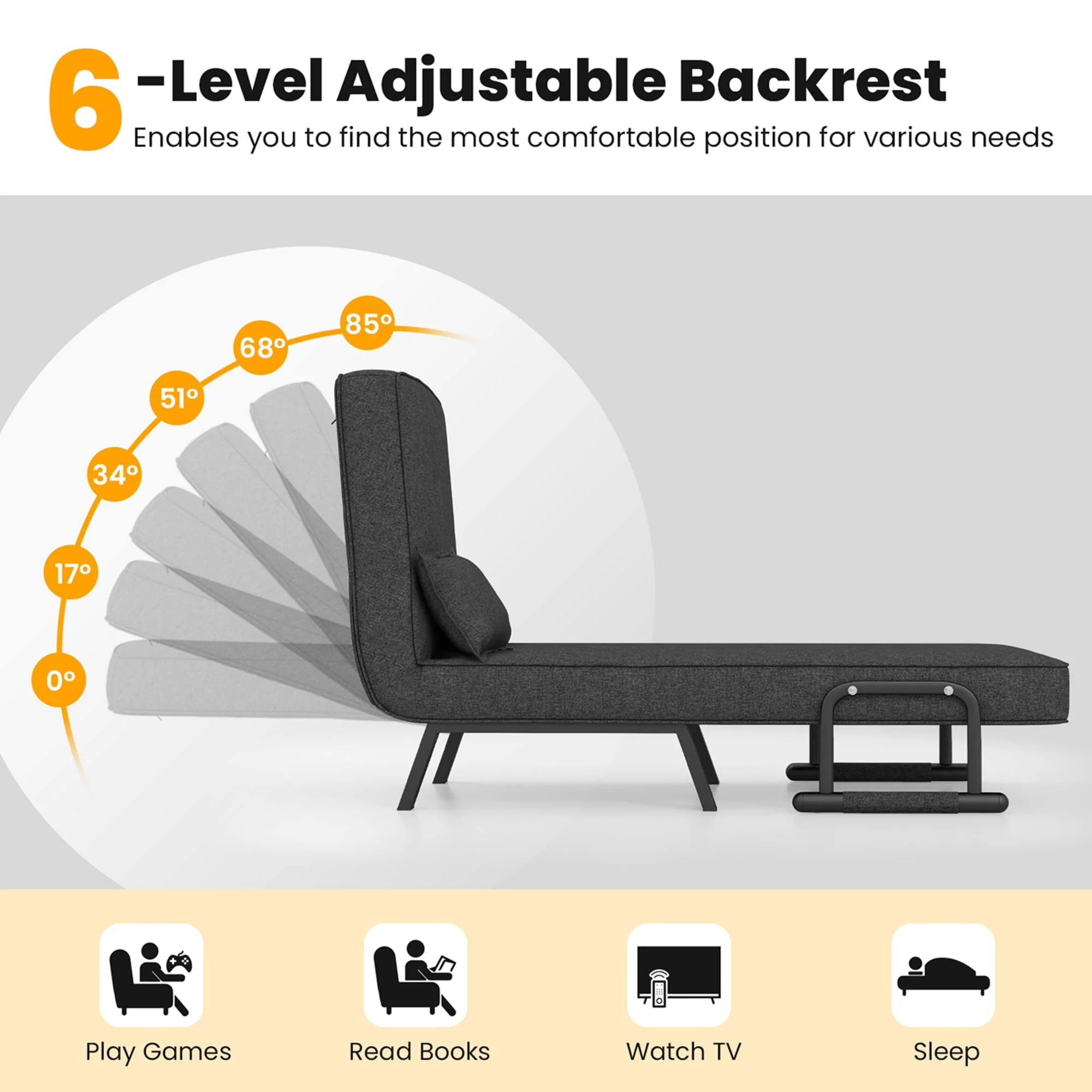 Folding 6 Position Convertible Sleeper Bed Armchair Lounge Couch w/ Pillow Gray(Blue) - Image 7