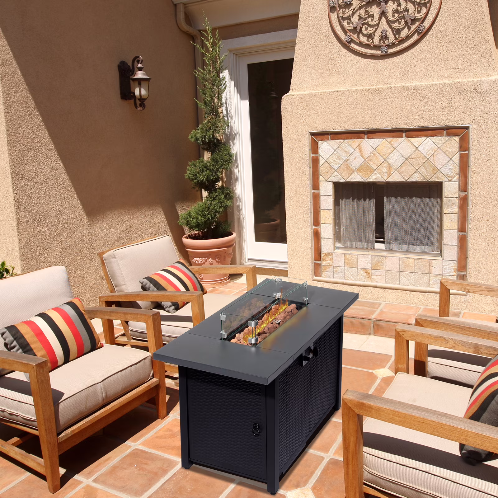 UBesGoo 43 Patio Gas Fire Pit Table, 50,000 BTU Auto-Ignition Fire Tables with Lid, Rain Cover for Outside Garden Backyard Deck Patio Black