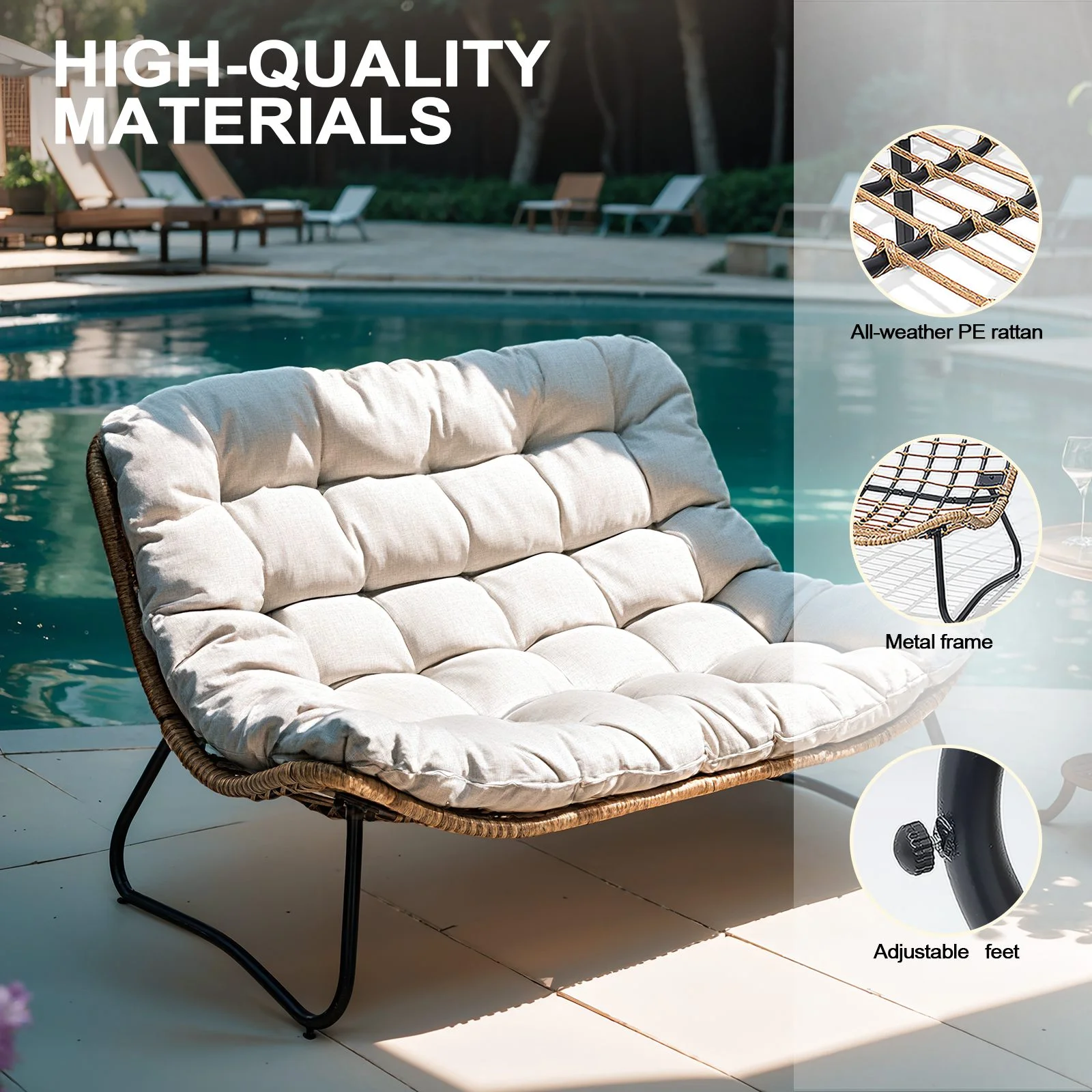 Products Patio Loveseat, All-Weather Rattan Large Furniture with Soft Cushions, Outdoor Loveseat for Balcony, Poolside, Backyard (Beige)(Beige) - Image 7