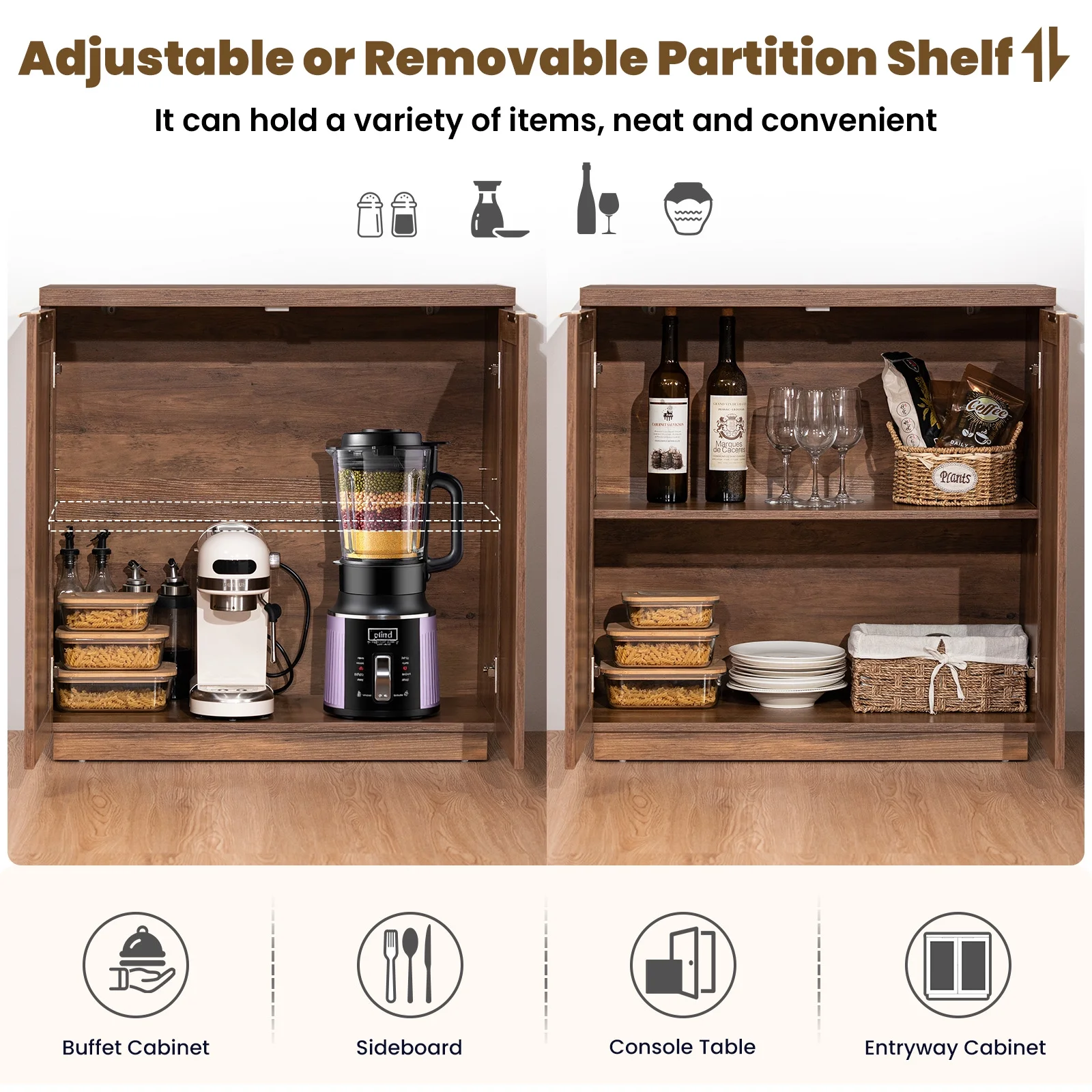 Sideboard Buffet Cabinet Rattan Kitchen Storage Organizer with 5-Position Adjustable Shelf 2 Doors Boho Farmhouse Accent Cabinets TV Console for Living Dining Room Coffee Bar(31.5" x 15.55" x 31.5"/Single) - Image 6