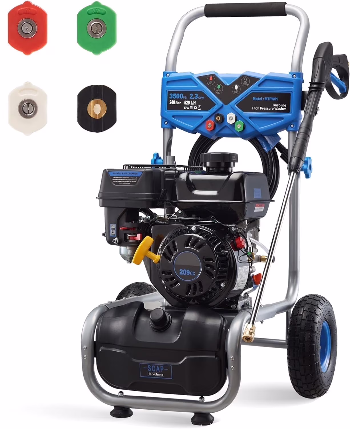 3500PSI Gas Pressure Washer, 2.3GPM Gas Powered High Pressure Clean Machine with 209CC Engine, 4 Adjustable Nozzles for Cleaning Walls, Terraces, Vehicles, Gardens (Blue)(Blue)