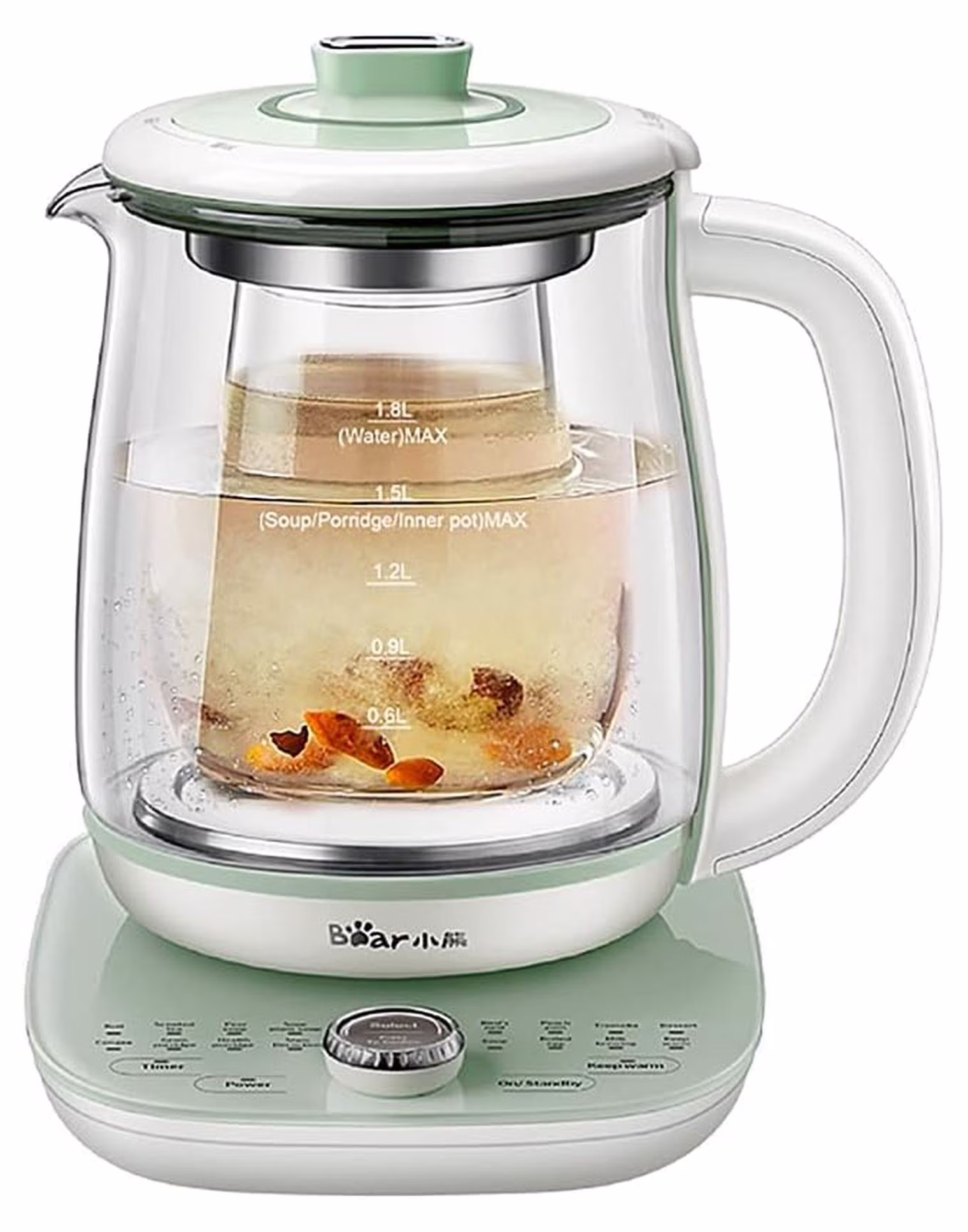 Bear Electric Kettle with Infuser & Stew Pot - 1.8 L Health Pot, 16 Menus, Glass Kettle, Tea Maker, 120V, Green
