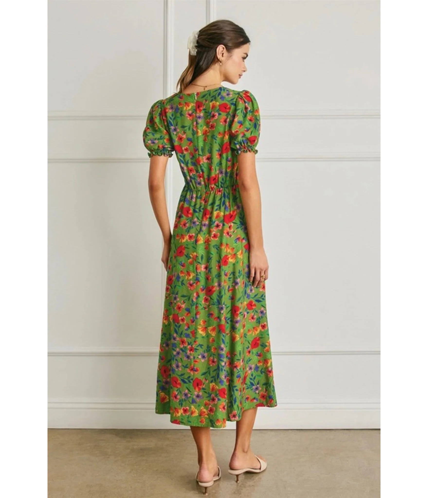 Green Floral Print Puff Sleeve Midi Dress