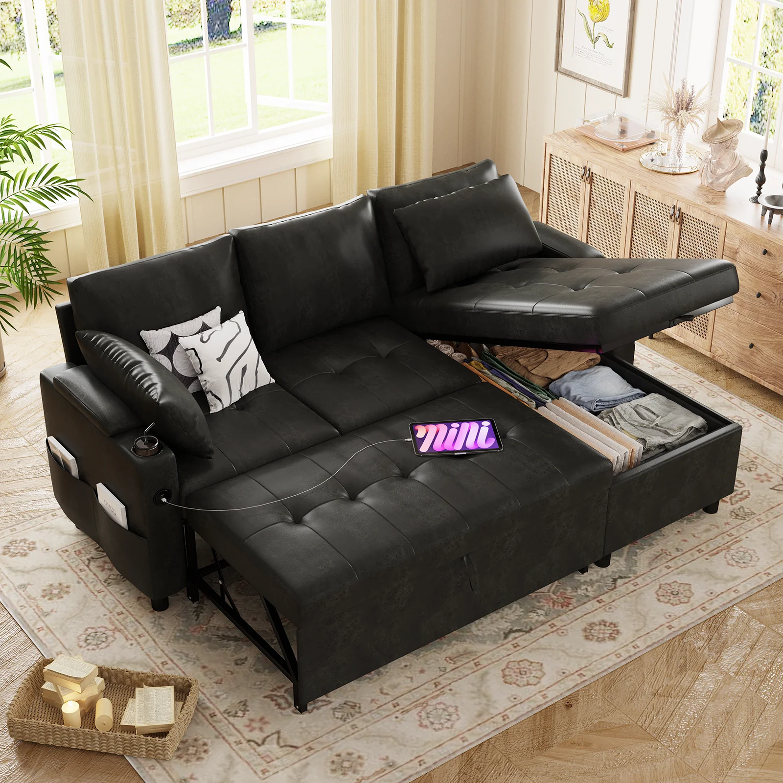 AECOJOY Sleeper Sofa Couch with Pullout Bed, Faux Leather, Black