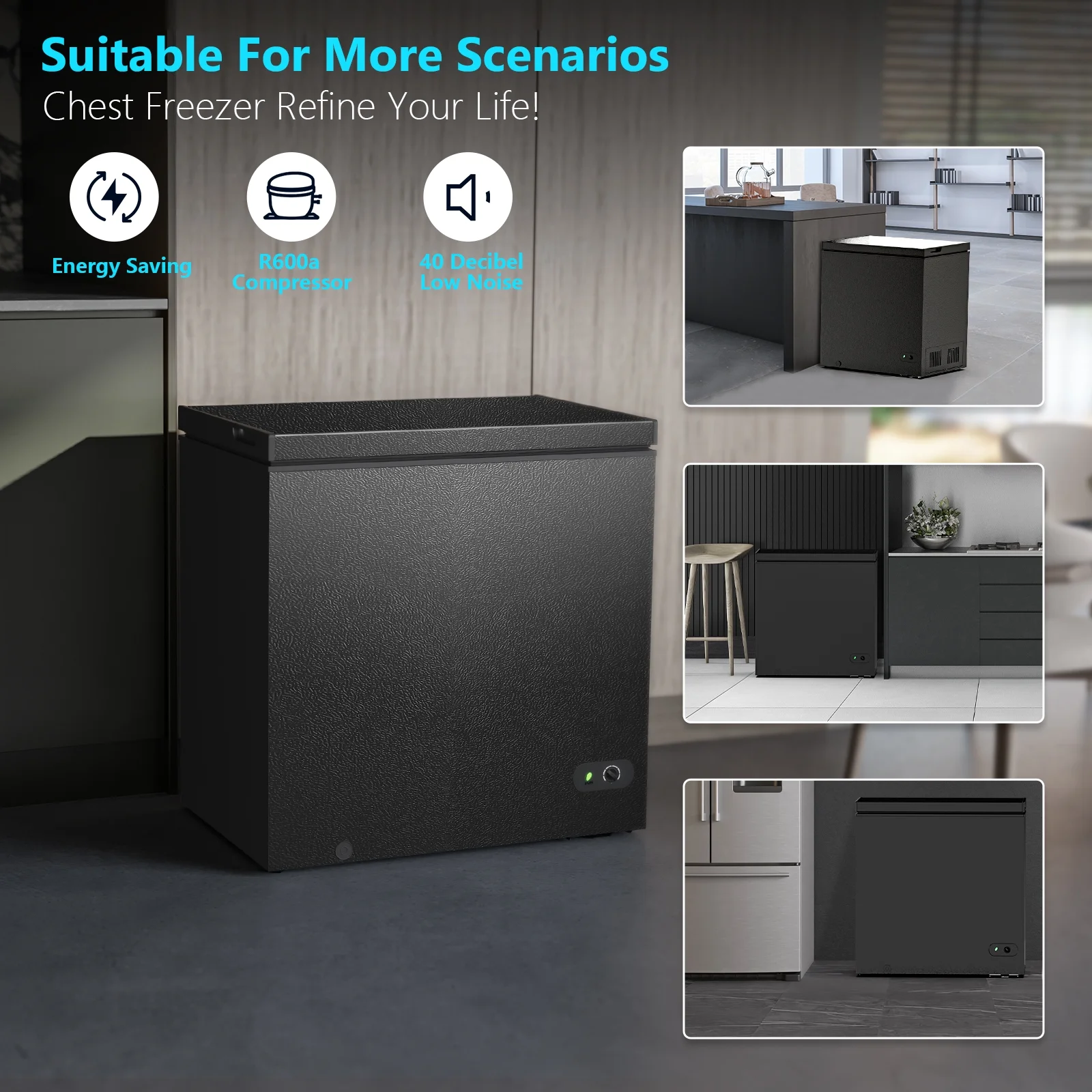 7.0 cu.ft. Chest Freezer with Adjustable Temperature, Free Standing Top Open Door Compact Freezer with Removable Basket for Kitchen/Home/Bar/Garage/Office(Black) - Image 6