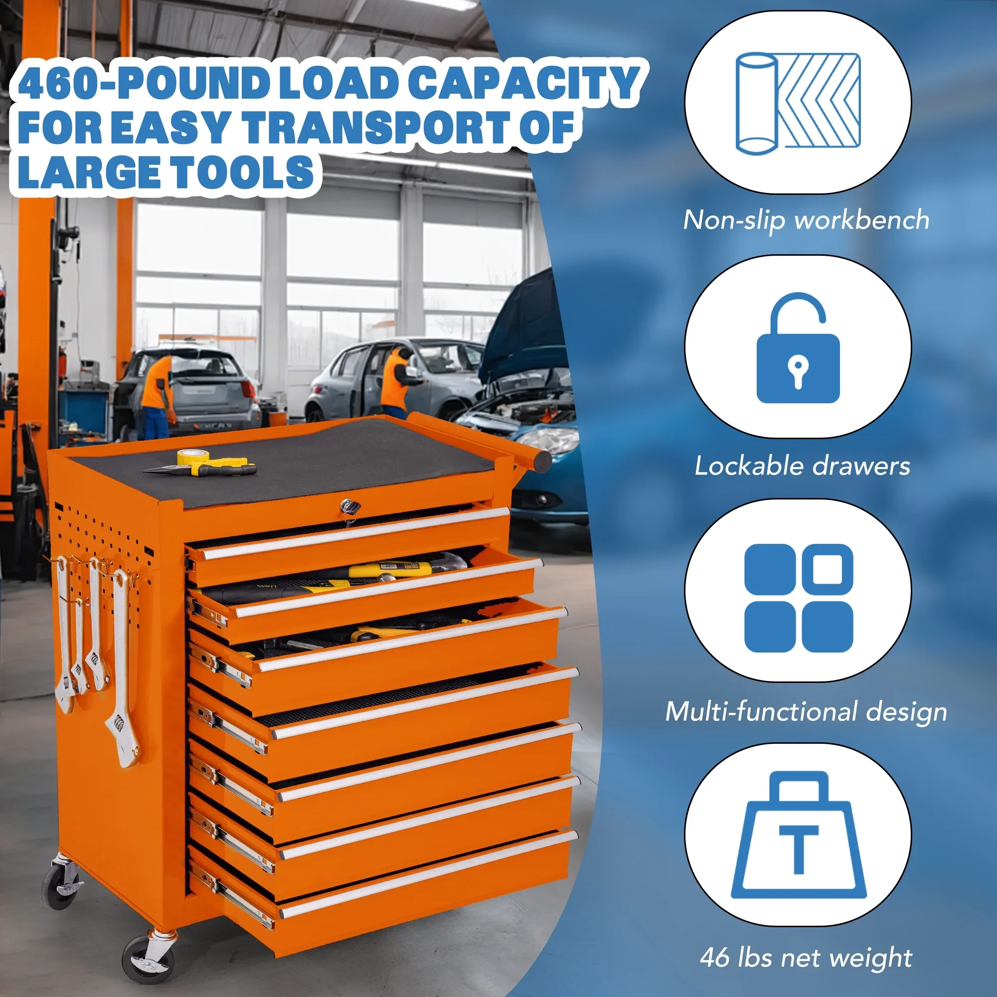 Tool Box,  7-Drawer Steel Rolling Tool Chest on Wheels for Workshop Garage, Orange