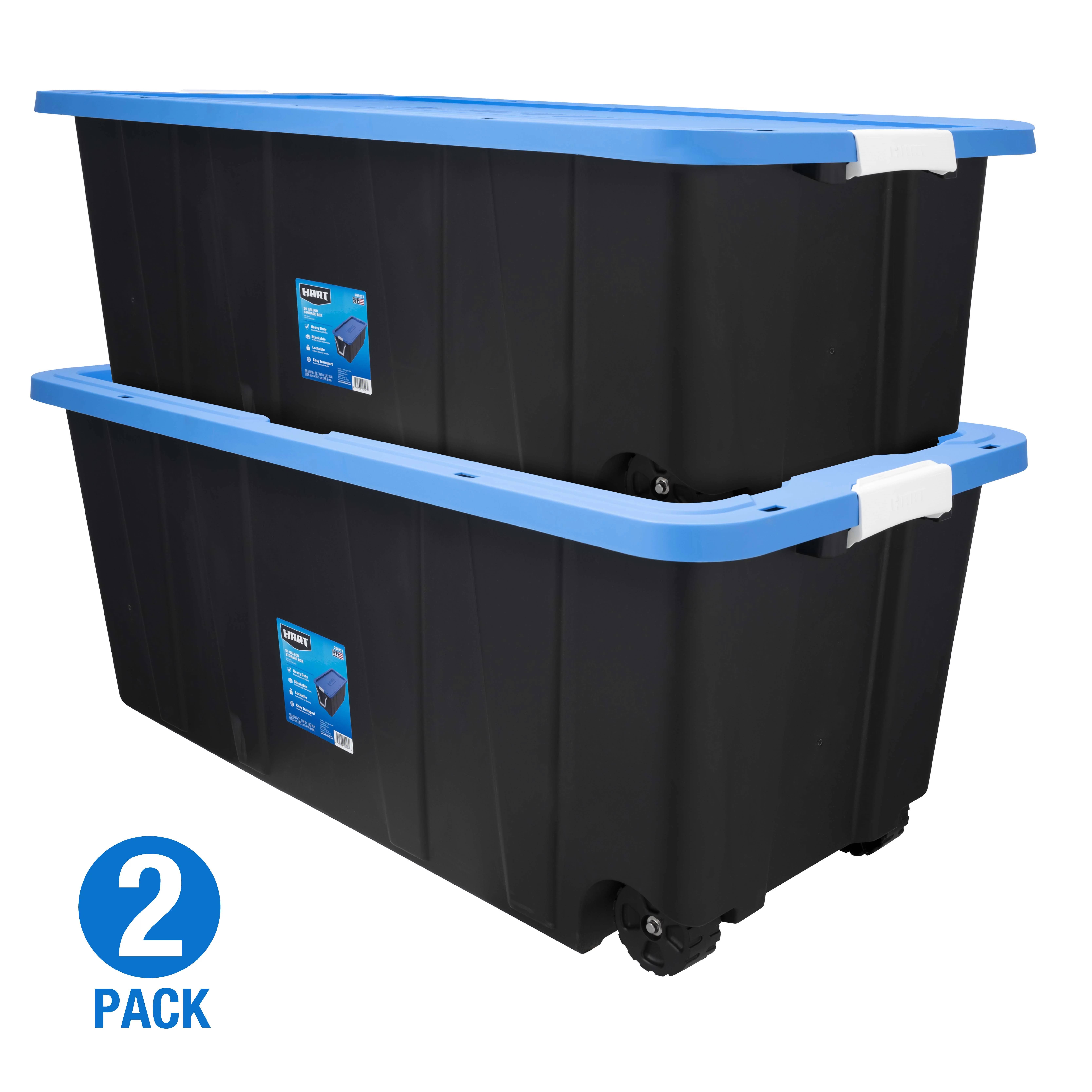 Hart 50 Gallon Rolling Plastic Storage Bin Container with Pull Handle, Black with Blue Lid, Set of 2
