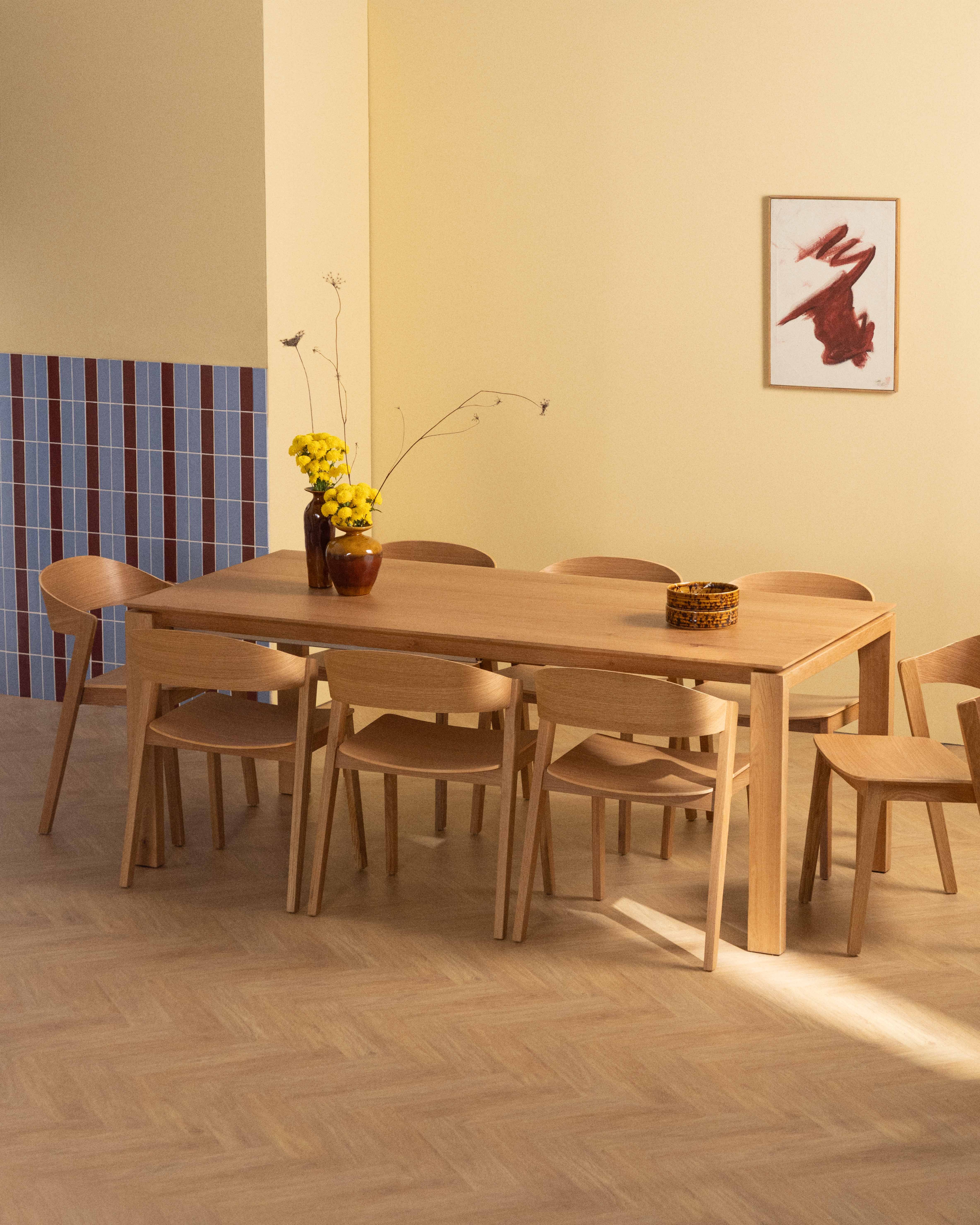 Set Deran - Laly - Set de Mesa de Comedor Extensible (195-285x90 cm) Deran y 8 Sillas de Madera Laly