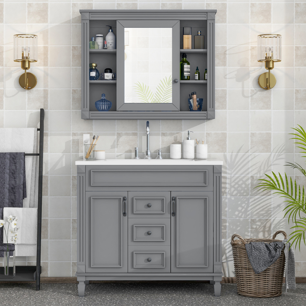 36'' Bathroom Vanity Set, Undermount Bathroom Cabinet and Mirror Cabinet, Ceramic Sink Top, Storage Cabinet with 2 Soft Closing Doors and 2 Drawers, Vanity Cabinet Set, Suit for 4'' Faucet, Gray