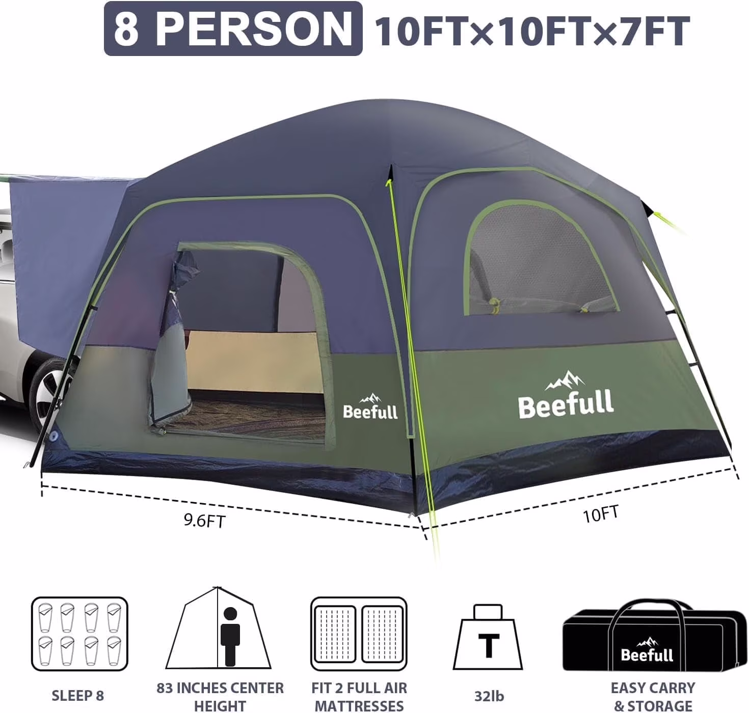 SUV Tent Instant Tent with 10 - Minute Setup, 6/8/10 Person Car Camping Tent with Waterproof Pu2000mm, Double Layer Design with Pre - Attached Poles