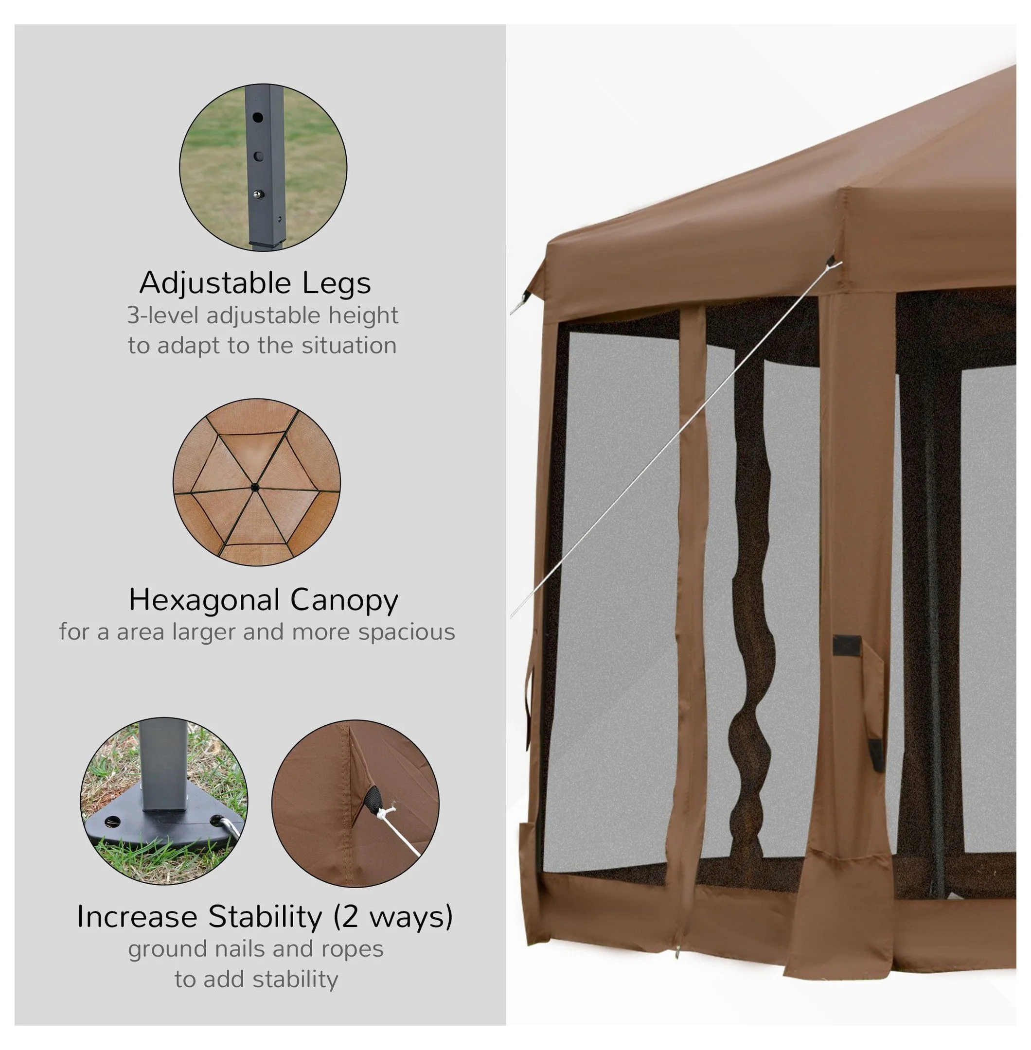 13x13 Pop Up Canopy, Hexagonal Brown Canopy with Mesh Walls Adjustable Outdoor Camping Tent with Steel Frame Stakes - Image 6