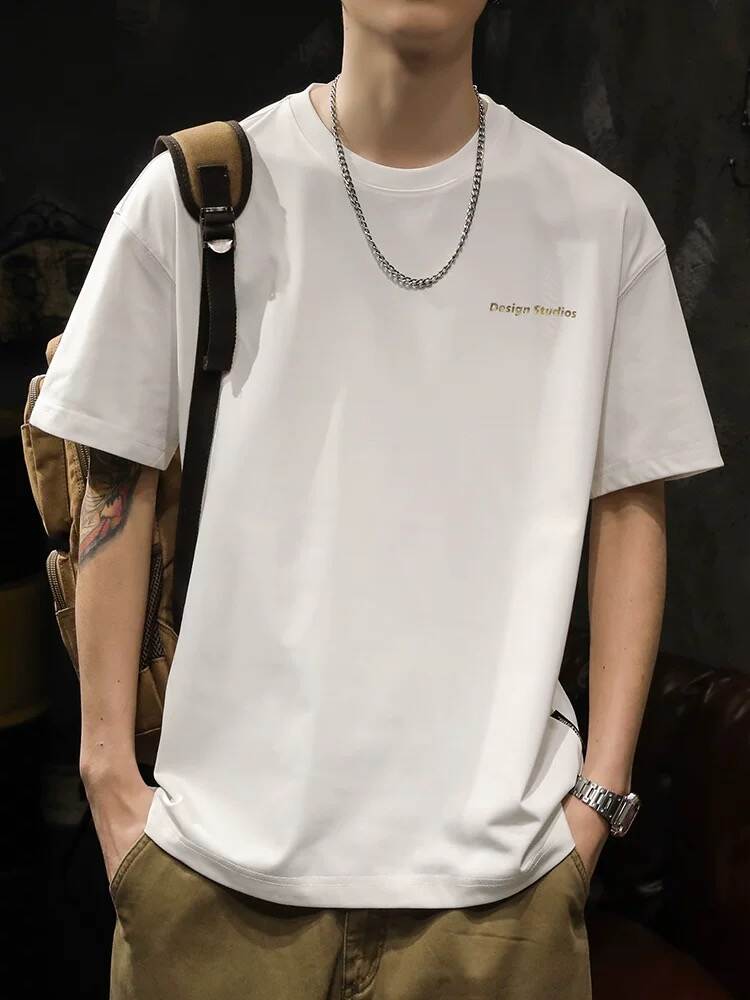 アメリカンスタイルのヘビーウェイトTシャツ、メンズ夏用トレンディーブランド2025年新作、綿100%のゆったりホワイトクルーネックアンダーシャツ。