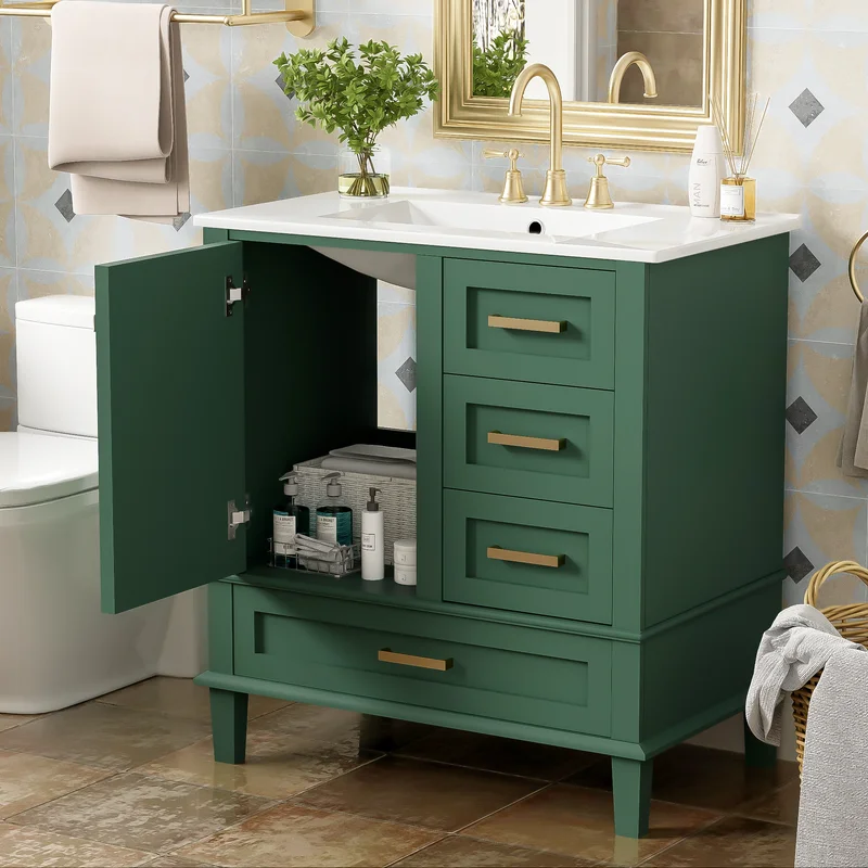 30" Bathroom Vanity with Sink, Modern bathroom sink cabinet with Soft-Close storage Drawers, Freestanding Vanity with Ceramic Top (Green)(Green) - Image 4
