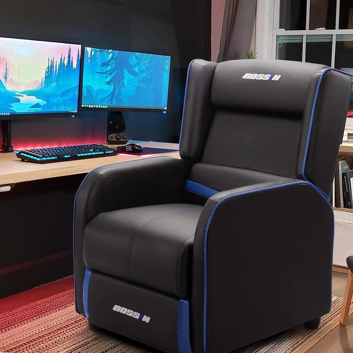PUKAMI Gaming Recliner Chair for Adults 400lbs Racing Style Sofa Big and Tall PU Leather Recliner Seating Modern Ergonomic Lounge Recliner Chair Comfortable Home Movie Theater for Living Room(Blue) Image 6