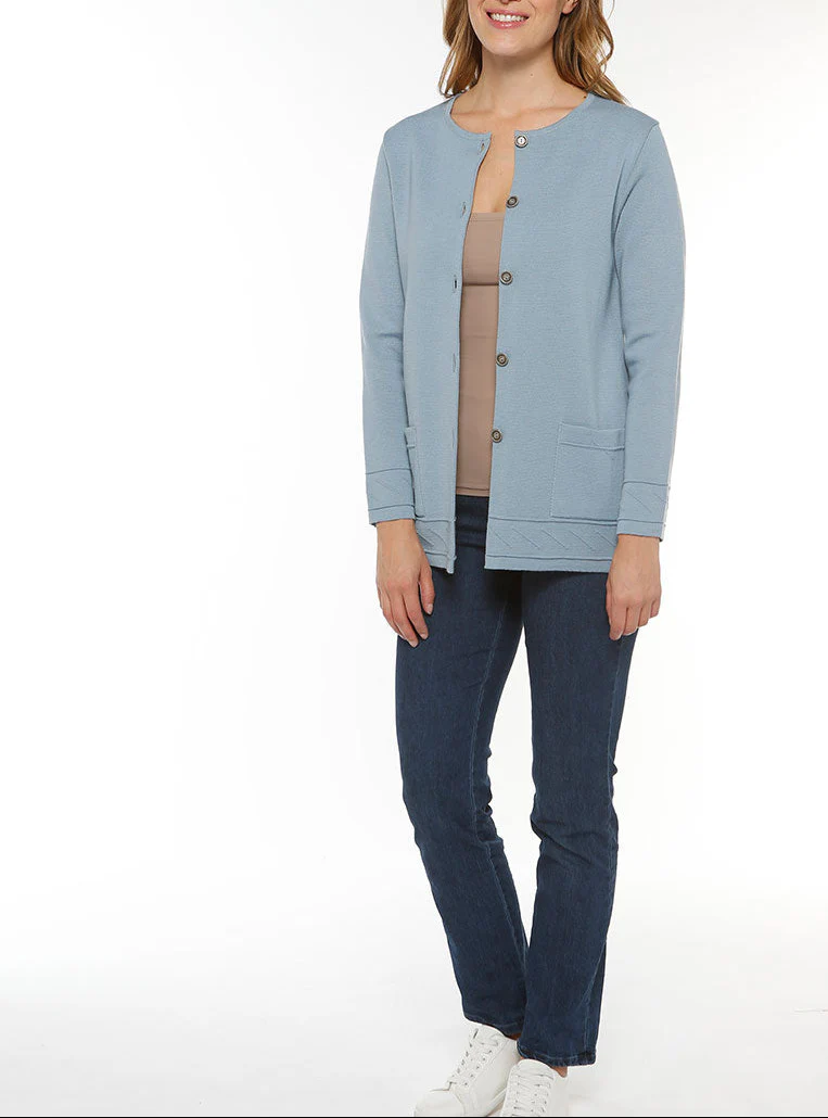 Veste longue femme en laine bleu brume