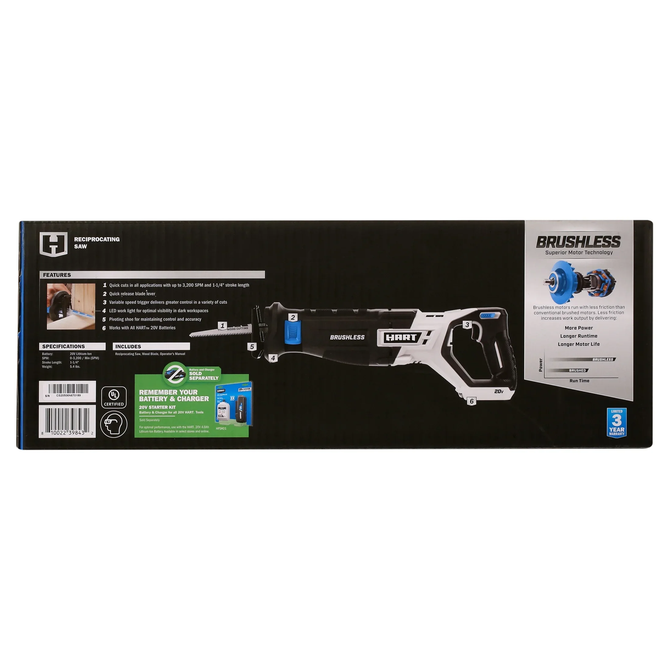 HART 20-Volt Battery-Powered Brushless Reciprocating Saw (Battery Not Included)