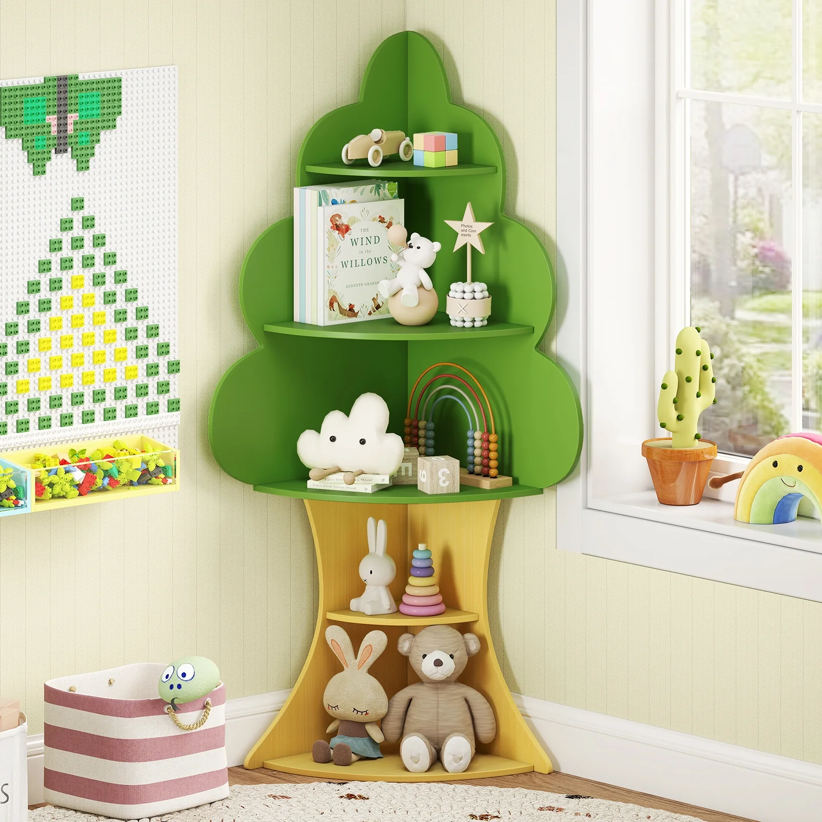INFANS Tree Kids Bookshelf, Wood 5 - Tier Corner Bookcase, Baby Montessori Shelf Rack Children'S Bookcase, Toy and Book Toddler Storage Organizer for Preschool, Kids Room, Playroom Boy Girls Gift