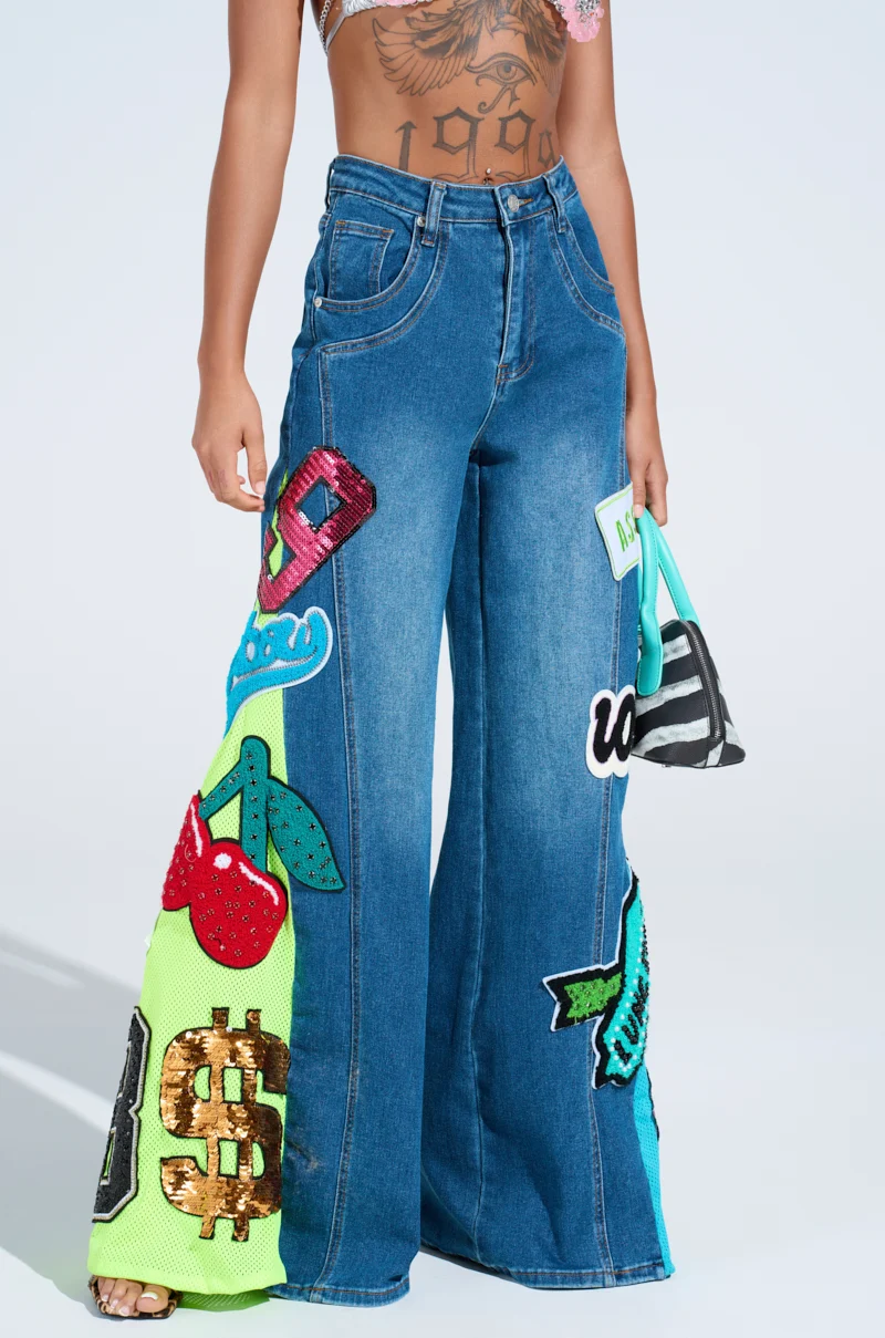 NOT SORRY PATCHWORK MEDIUM BLUE DENIM JEANS - Akira Store