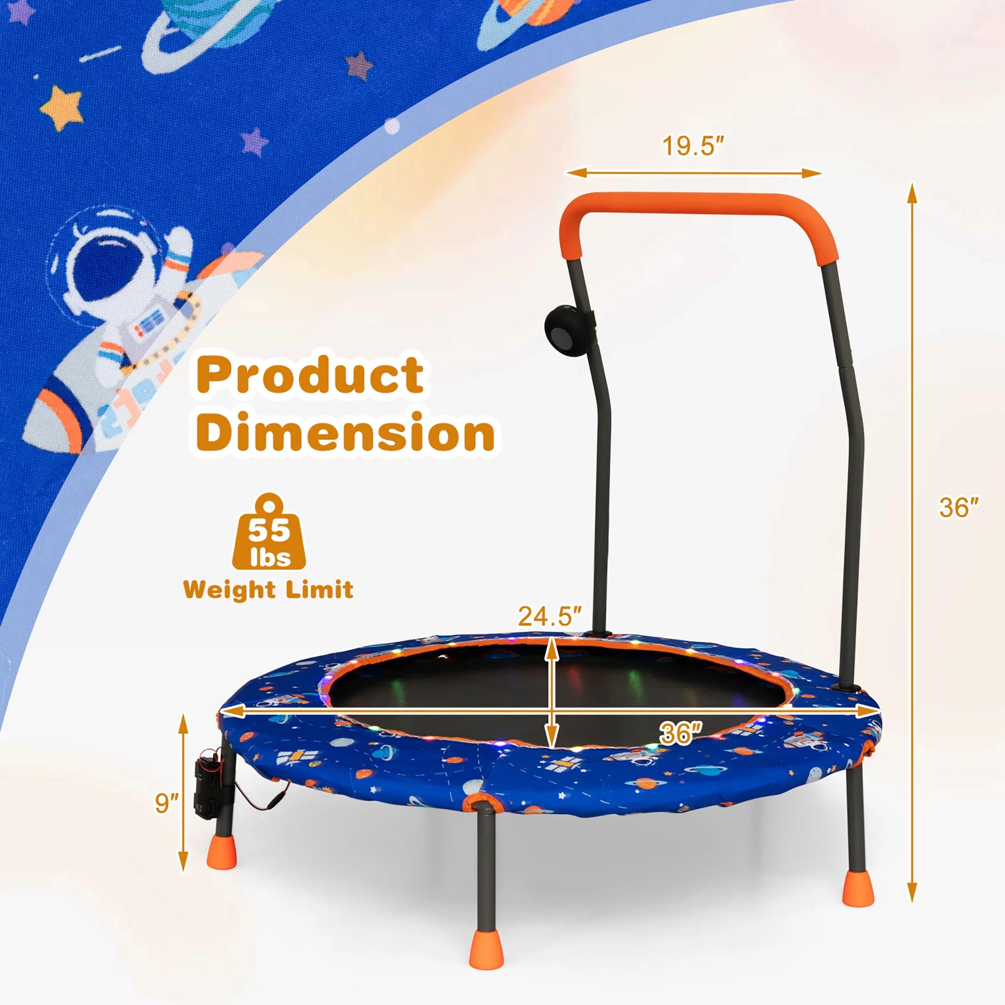36'' Mini Toddler Trampoline w/ LED Bluetooth Speaker Detachable Handle Kids Gifts Blue - Image 3