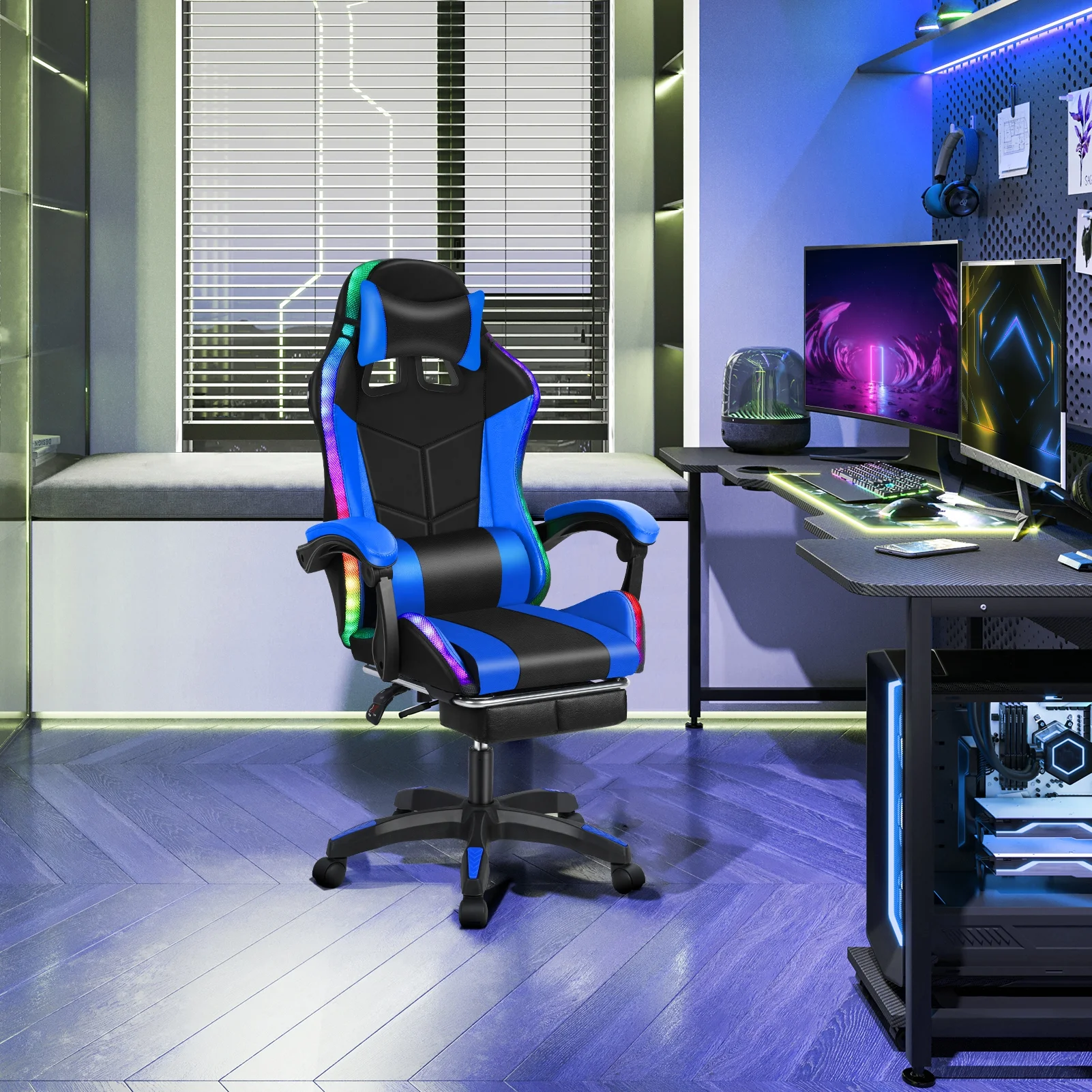 Gaming Chair with Bluetooth Speakers and RGB LED Lights Ergonomic Massage Video Game Chair with Footrest High Back with Lumbar Support(Black Blue) - Image 4