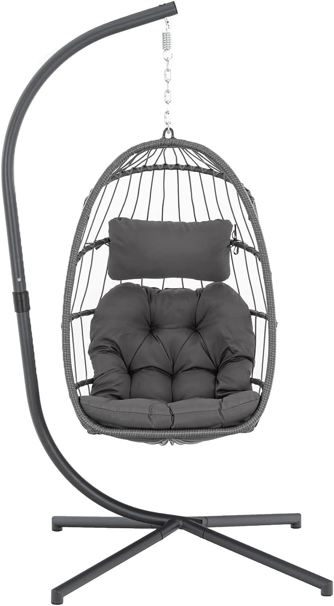 Fauteuil suspendu œuf d'intérieur/extérieur Yechen avec support, balancelle œuf en osier pour patio, fauteuil suspendu d'intérieur, hamac œuf d'extérieur, capacité de 159 kg pour patio, chambre, balcon, gris anthracite (EG-001)