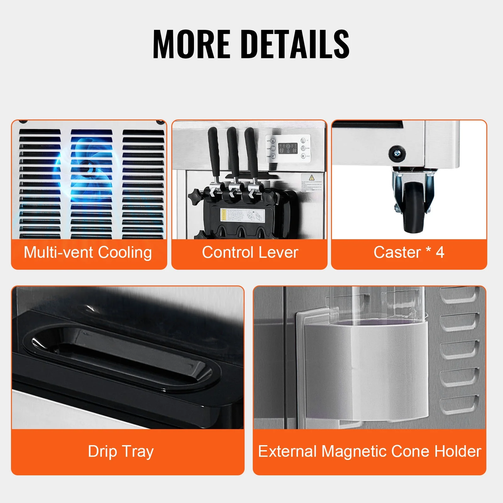 Commercial Soft Ice Cream Machine 21-31 L/H Output 3-Flavor LED Display Auto Clean 4.3L/1.1GAL Hopper,1.7L/0.45gal Cylinder - Image 7